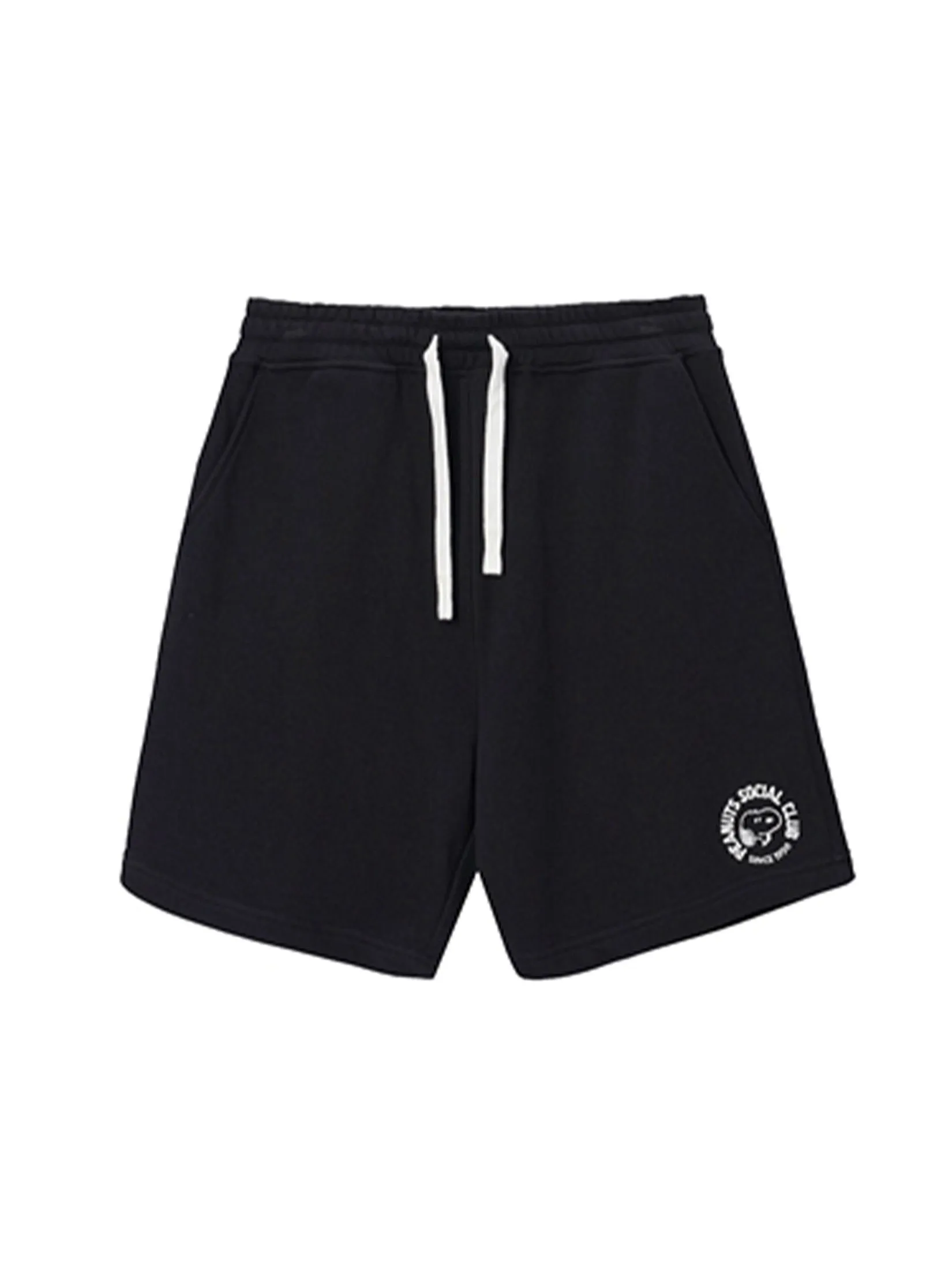 GIORDANO Men's Relaxed French Terry Drawstring Shorts (Snoopy) Signature Black
