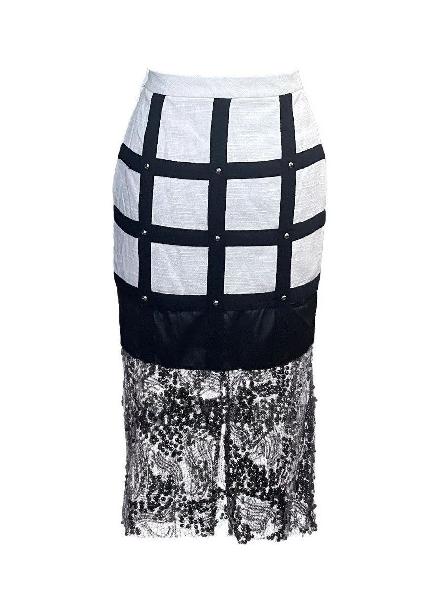 SENADA WOMEN WHITE STUDDED SKIRT WITH SEQUIN LACE