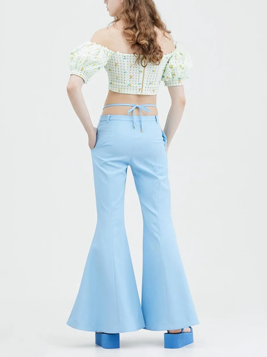 KLOSET (RS23)Tie Waist Bootcut Pants Blue