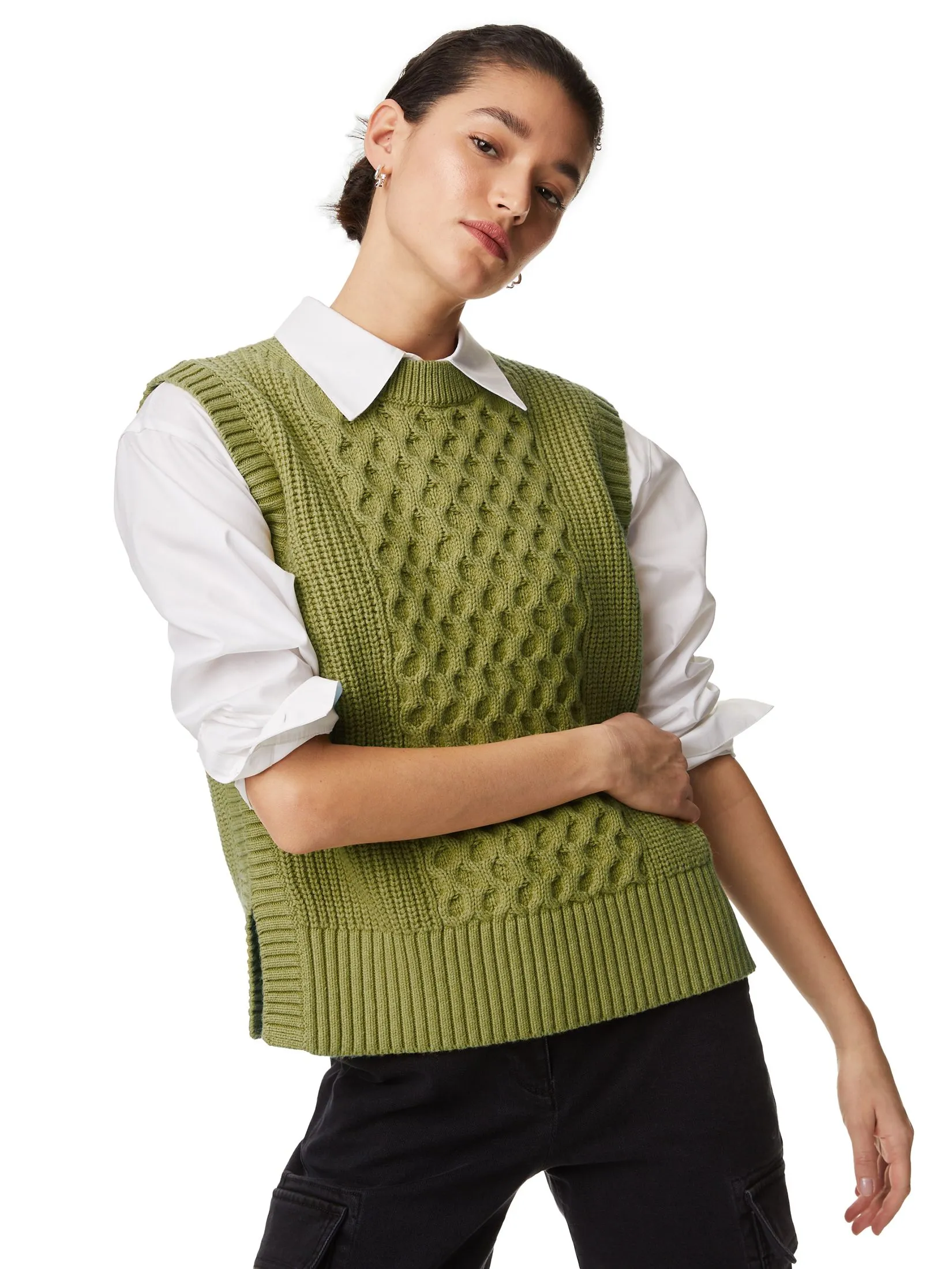 MARKS & SPENCER Women Vest Wool Rich Cable Knit Round Neck Knitted Willow