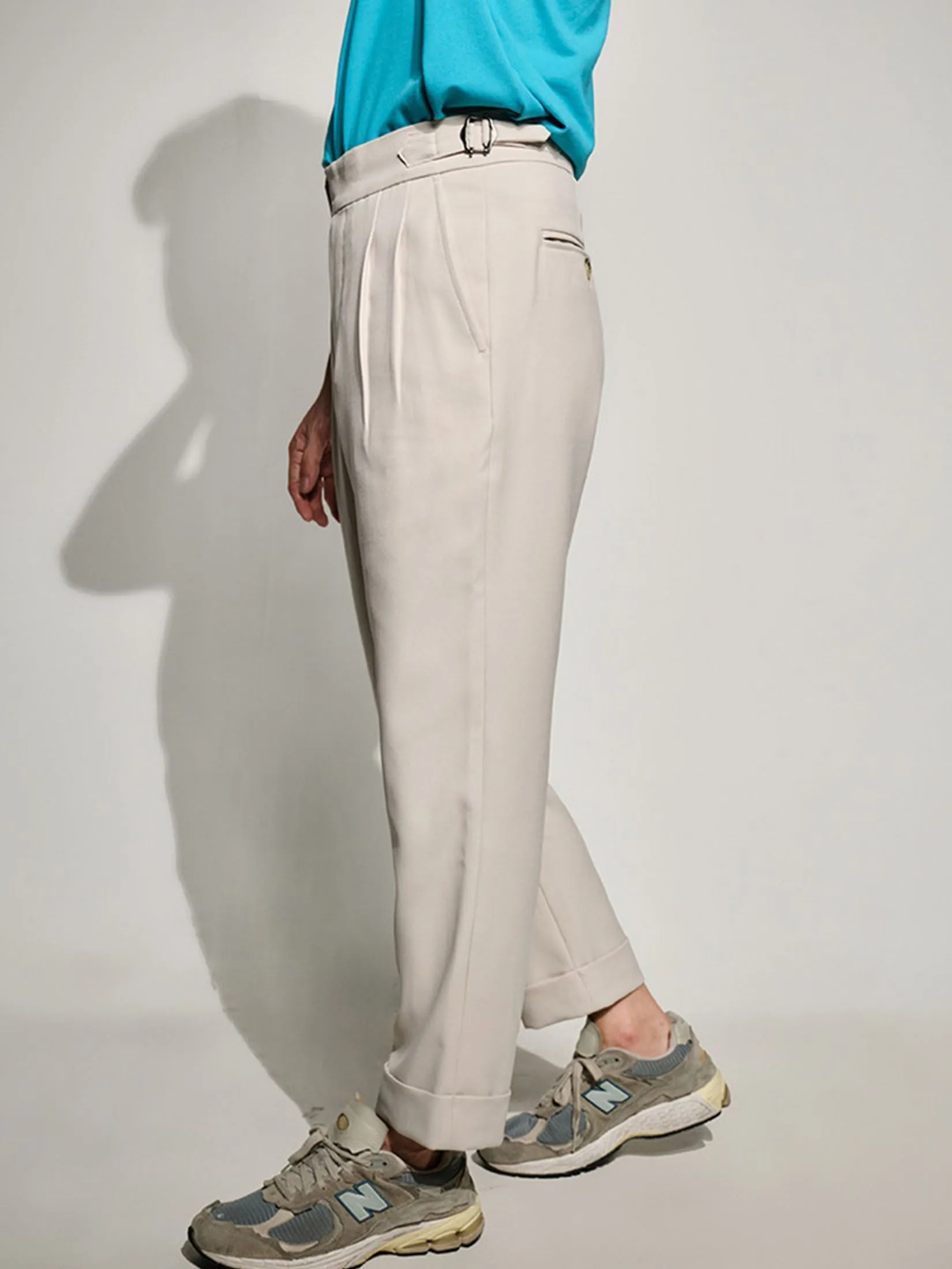 ERA-WON Men's Double belts trousers skinny crop fit Beige