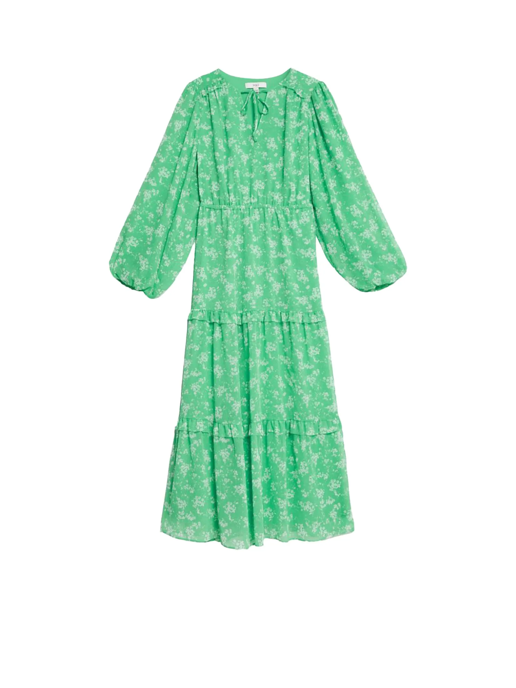 MARKS & SPENCER Women Maxi Tiered Dress Floral Tie Neck Green Mix