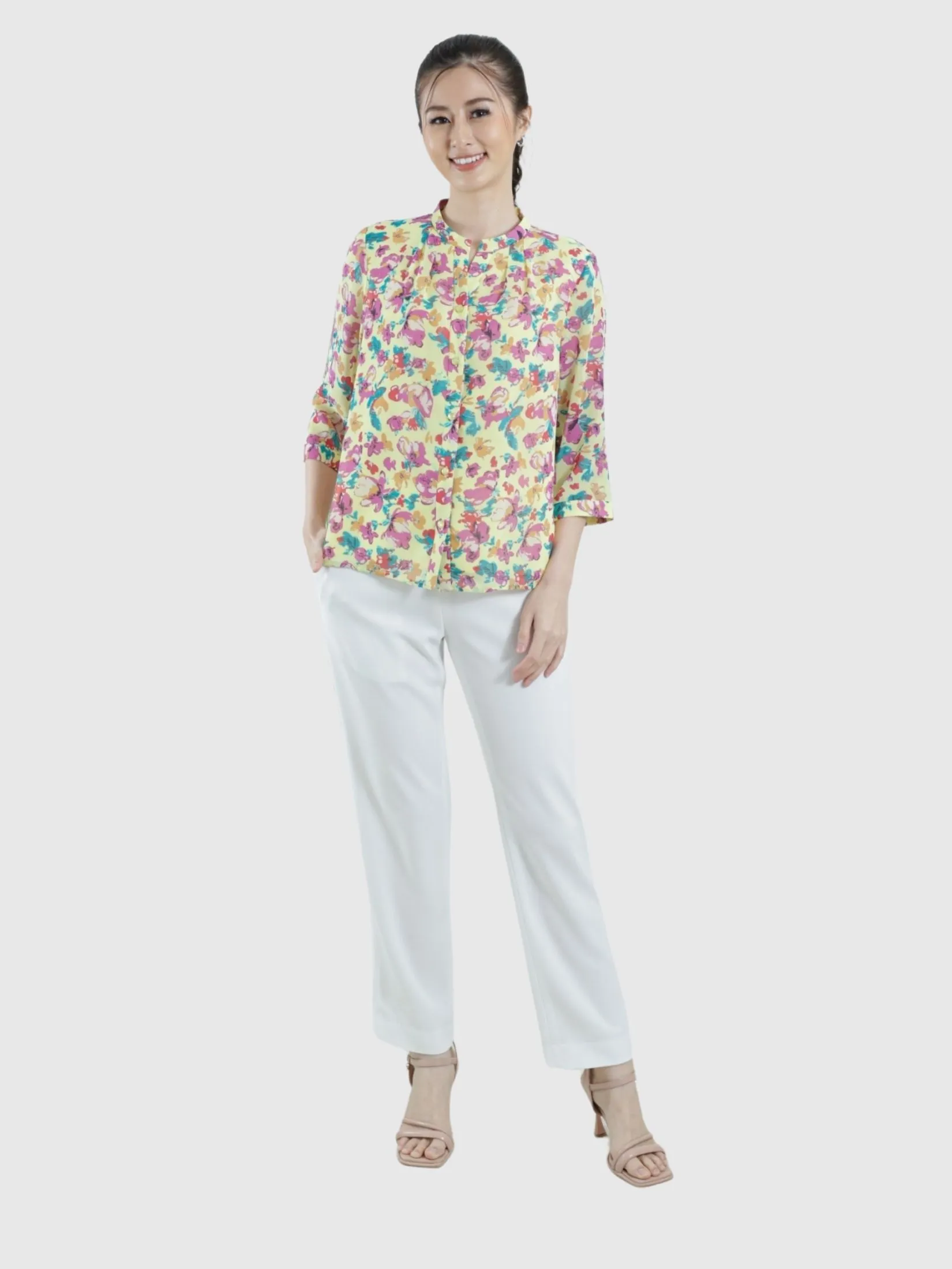 MIKIKO Women Blouse Long Sleeves Chiffon Print Yellow