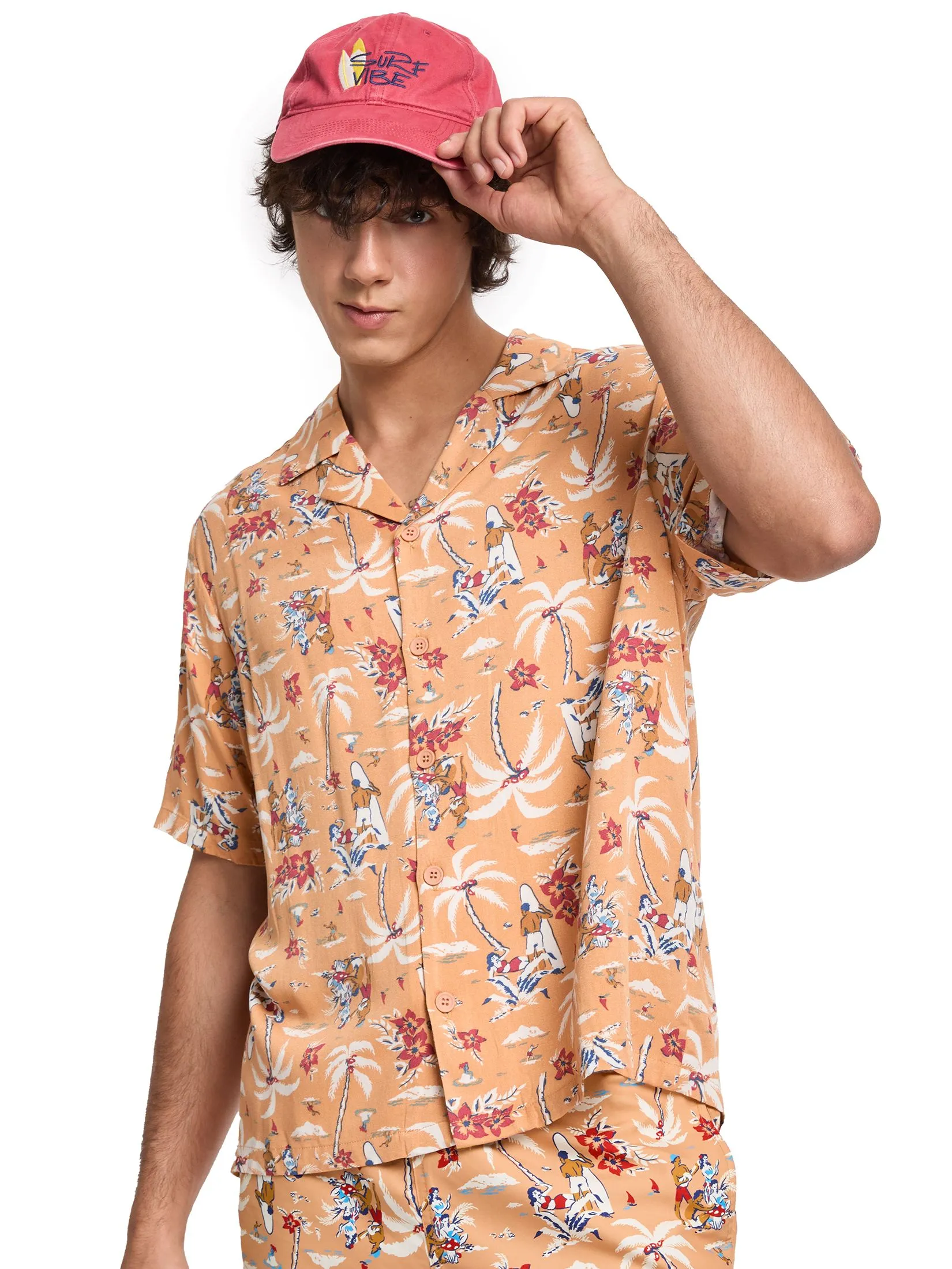 DEFRY 01 Men Shirt Short Sleeves Hawaiian Style Orange