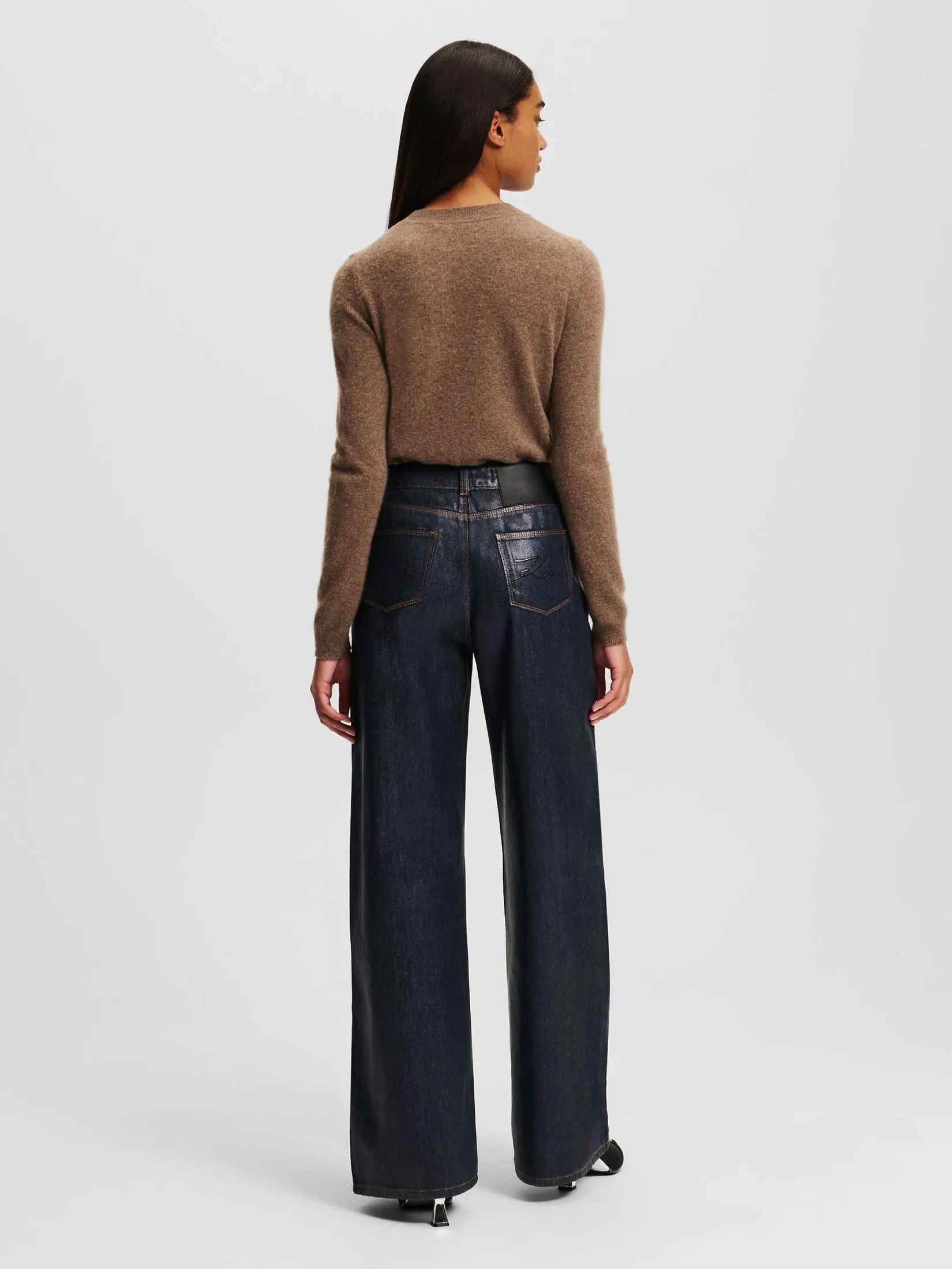 KARL LAGERFELD COATED WIDE LEG DENIM PANTS DARK BLUE DENIM