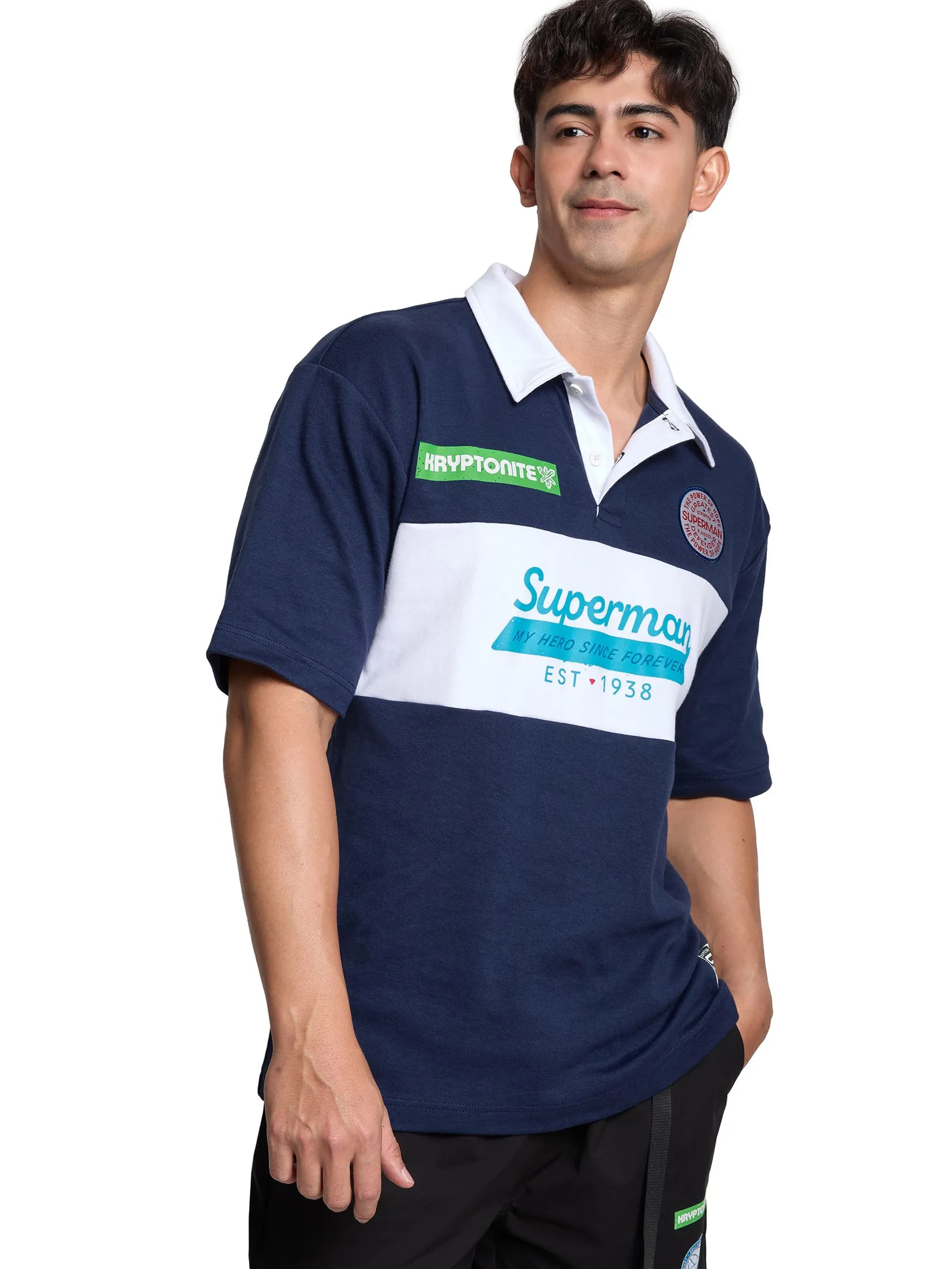 PACIFIC UNION Men Polo Shirt Stripe Superman Navy