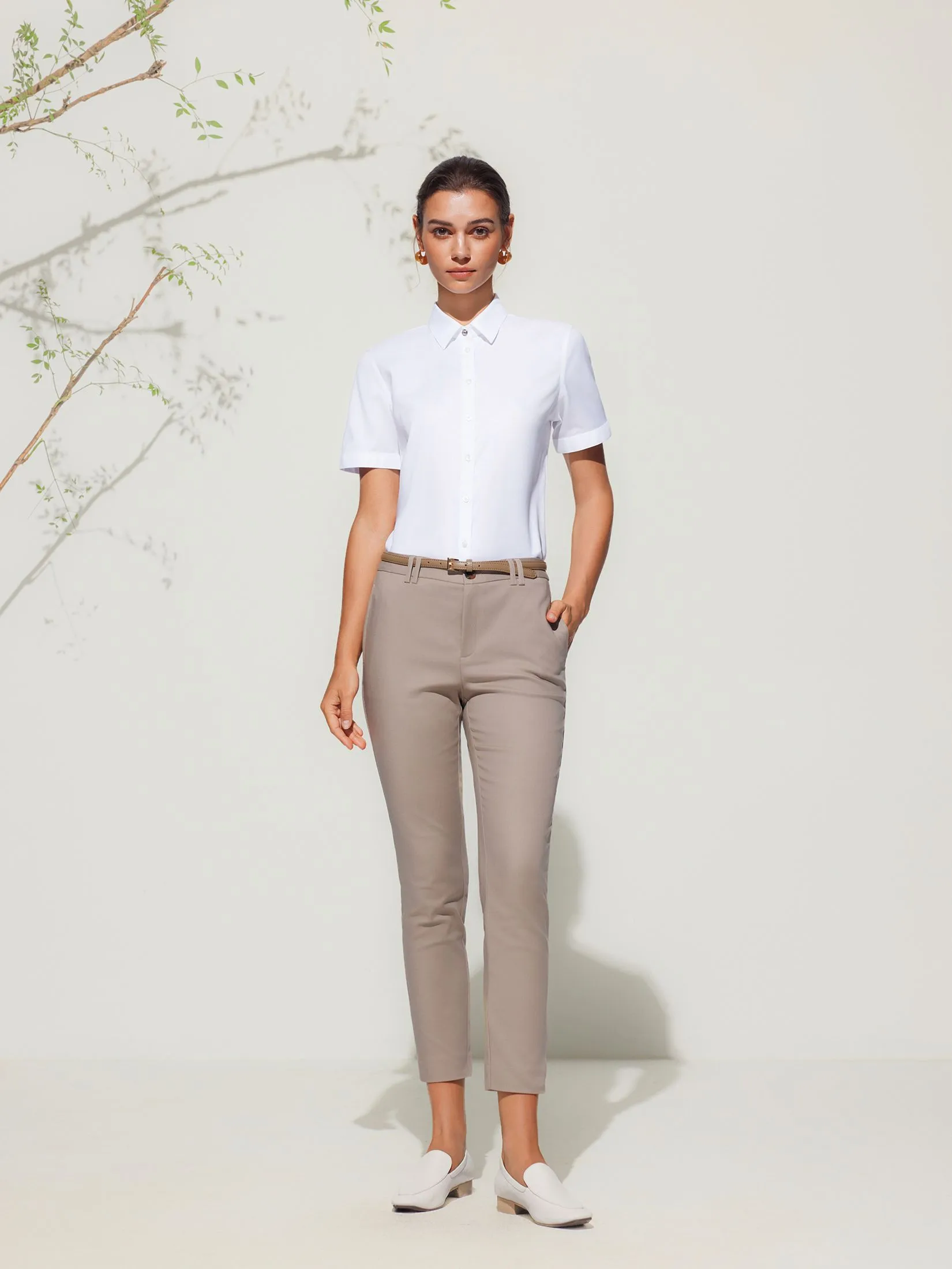 G2000 Women Clothing Cotton Blend Cropped Skinny Casual Pants With Belt Cropped Skinny Shape - Brown