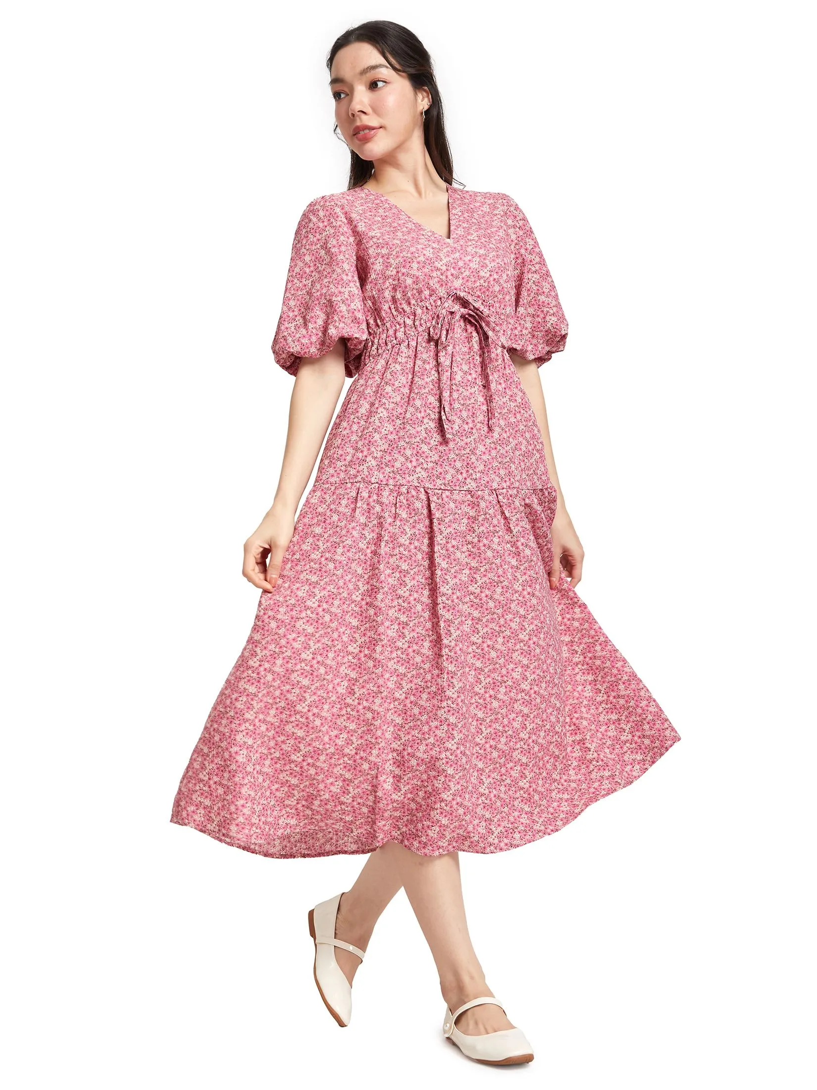 LOLITA Bell-Sleeve V-Neck Midi Dress With Ruched Ribbon Detail