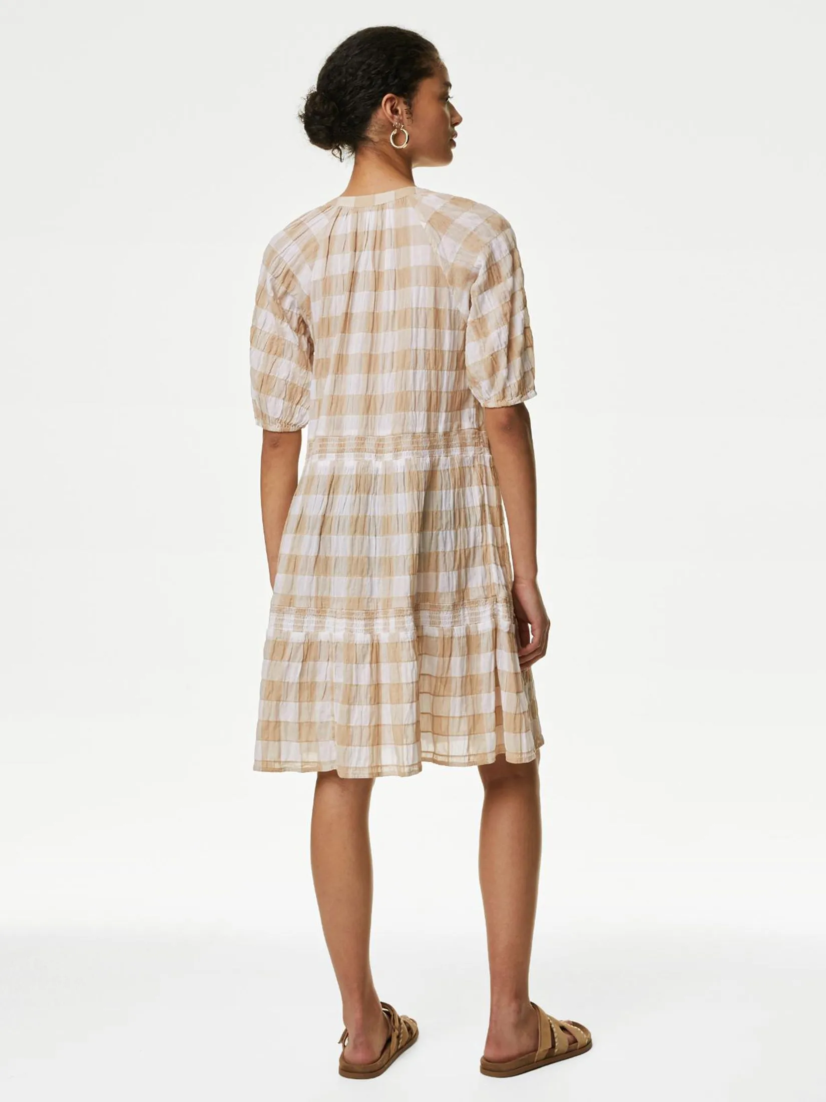 MARKS & SPENCER Women Mini Tiered Dress Cotton Rich Checked Natural Mix