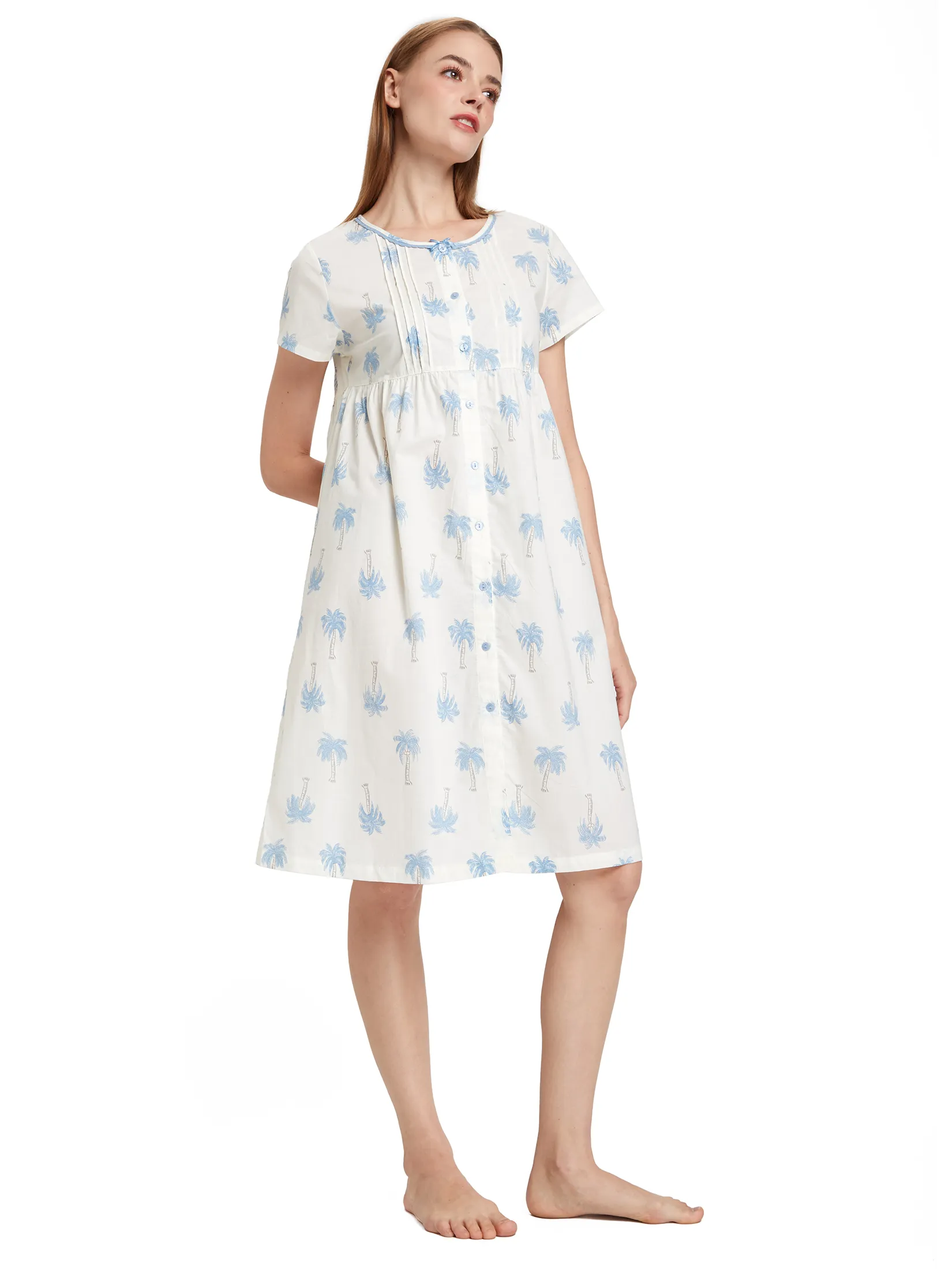 CLAUDIA'S ROMANCE Women Pyjamas DressShort Sleeves Crew Neck Print Off White