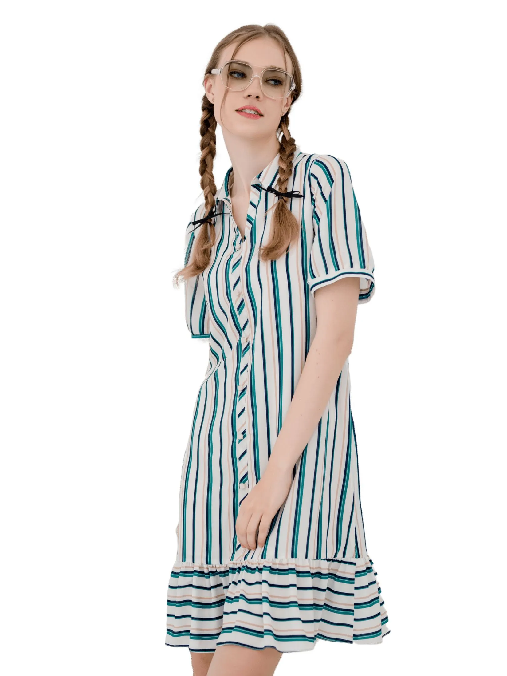 AMILA Women Dress Short Sleeves Peach Skin Off White