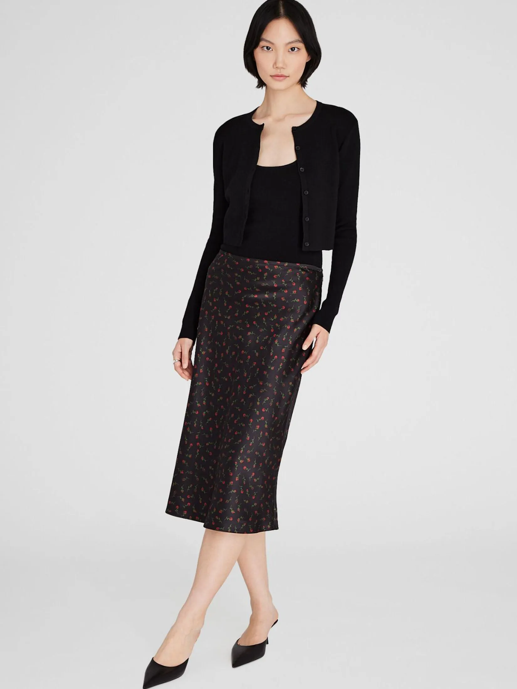 CLUB MONACO Women Skirt Midi Floral Print Silk Charmeuse Black