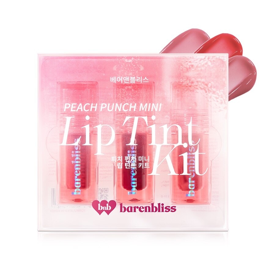 Barenbliss Peach Punch Mini Lip Tint Kit 4.5g. 3s 01 03 06 - 01 Glowy pinky red, 03 Shiny red cherry, 06 Soft rosy pink