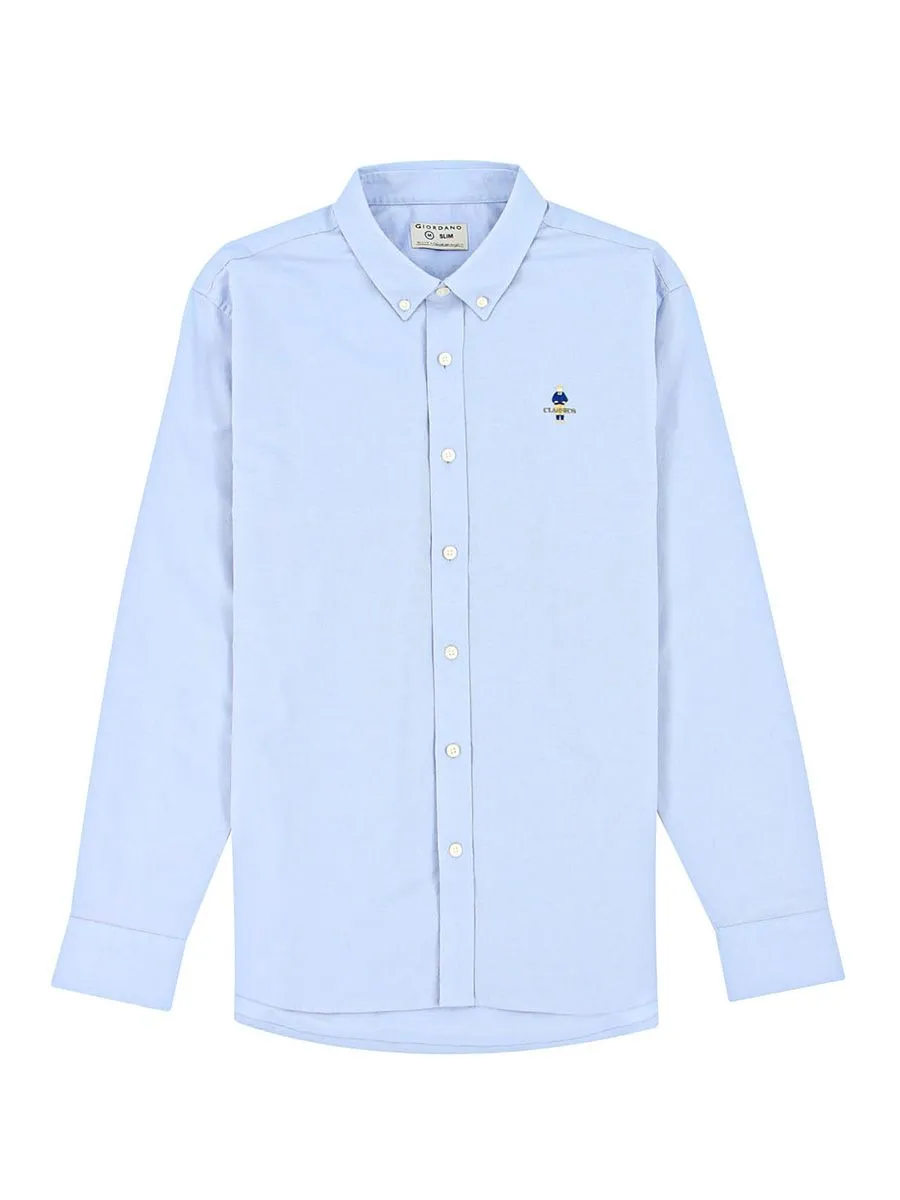GIORDANO Men's Slim Embroidery Stretch Oxford Shirts (Classic Man) Light Blue