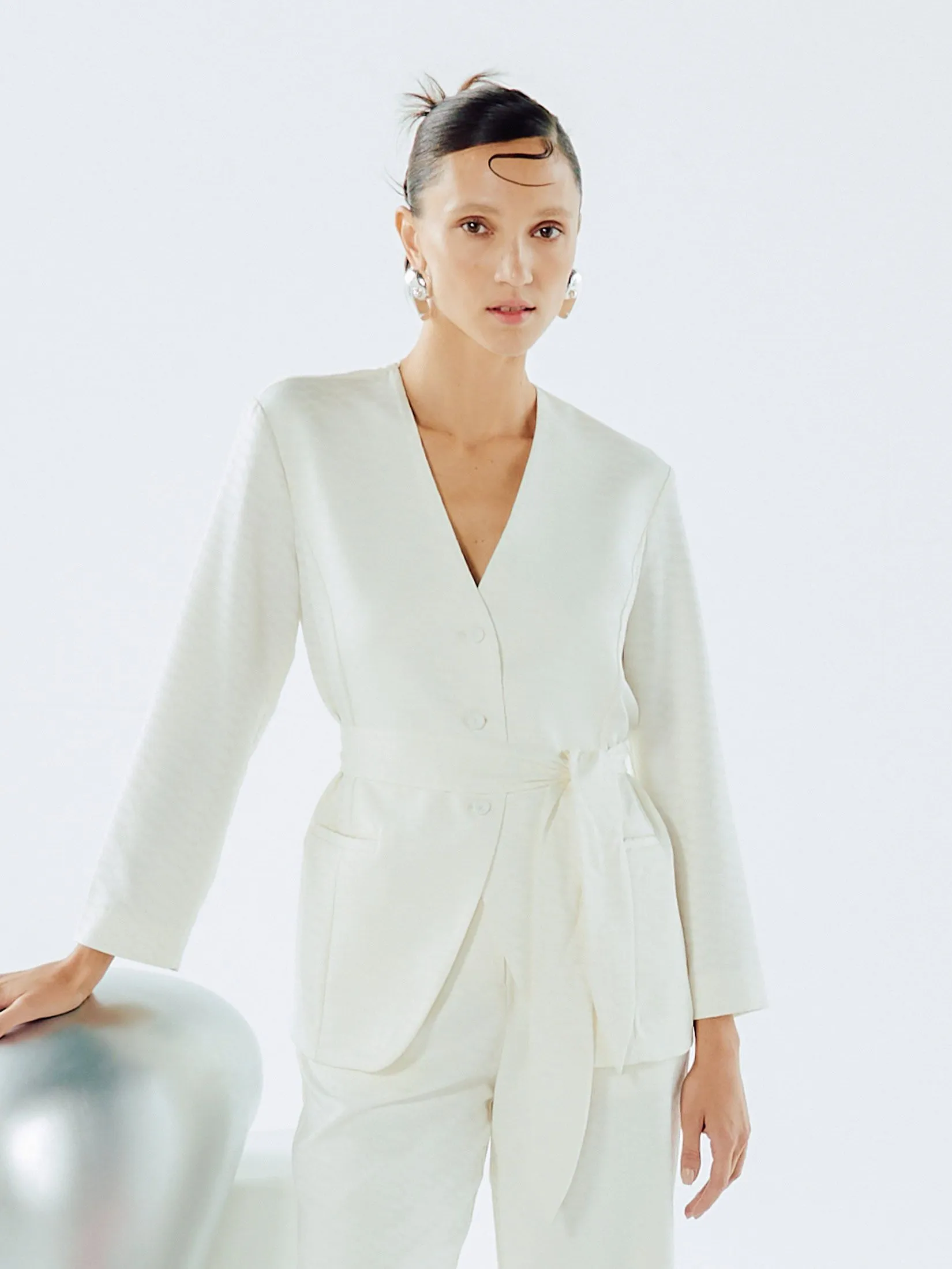 SHAKA Woman Blouse Satin Jacquard V-neck White