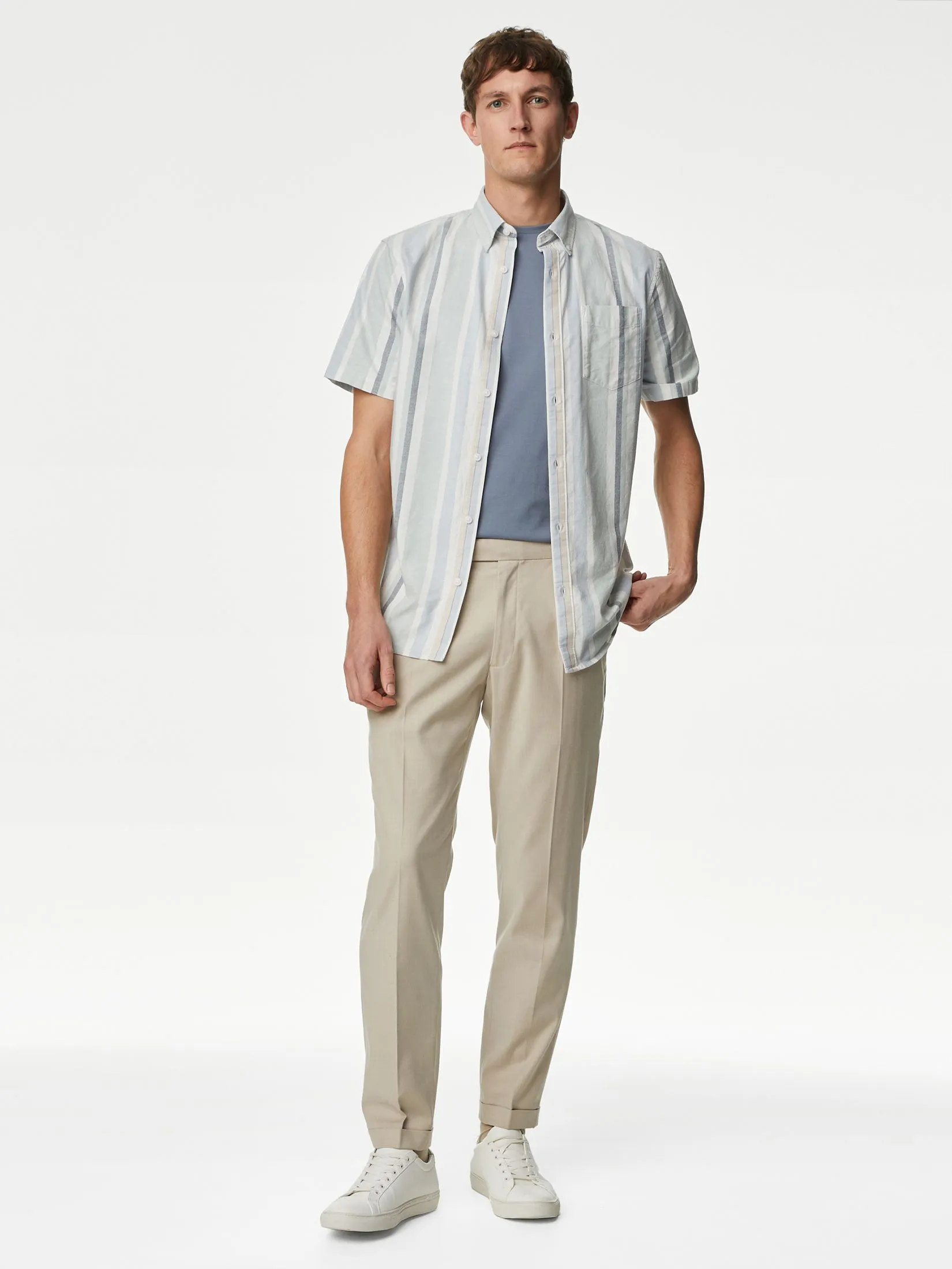 MARKS & SPENCER Men Shirt Short Sleeves Pure Cotton Striped Oxford Print E7_Light Blue Mix