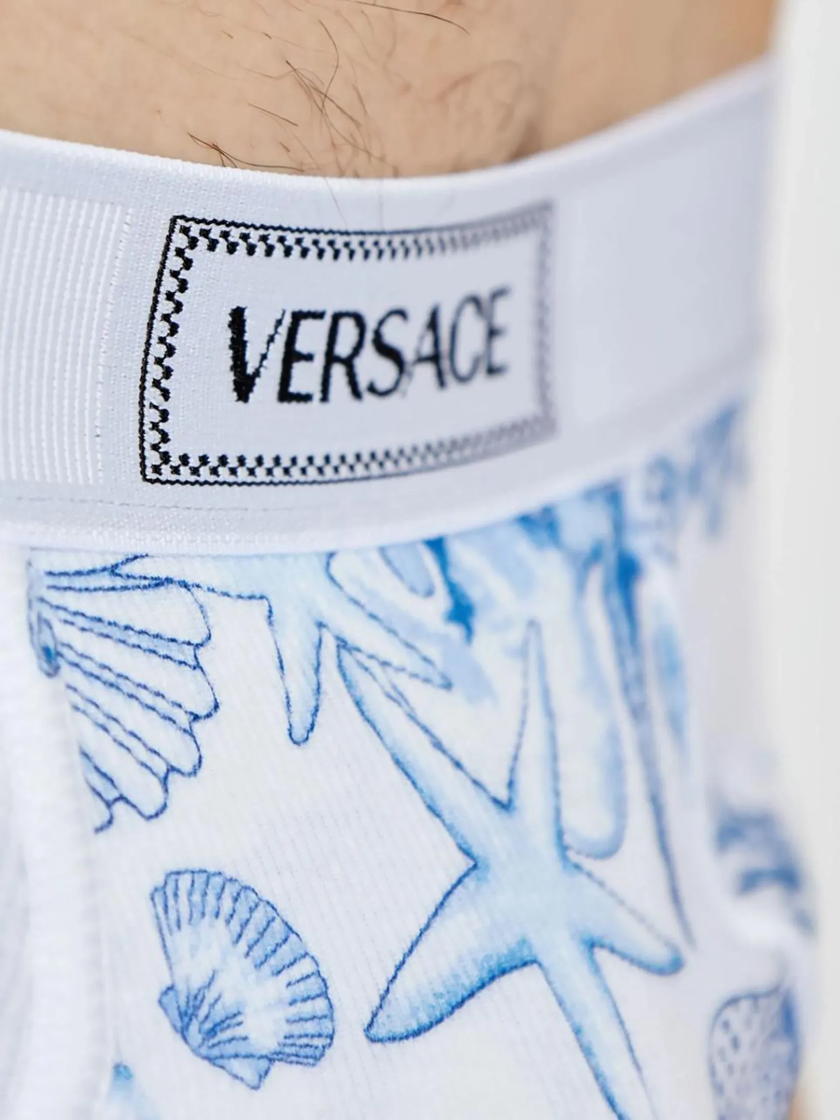 VERSACE UNDERWEAR Men Underwear Slip Tex Rib Cotton Bio La Vacanza Print White + Bright DV Blue
