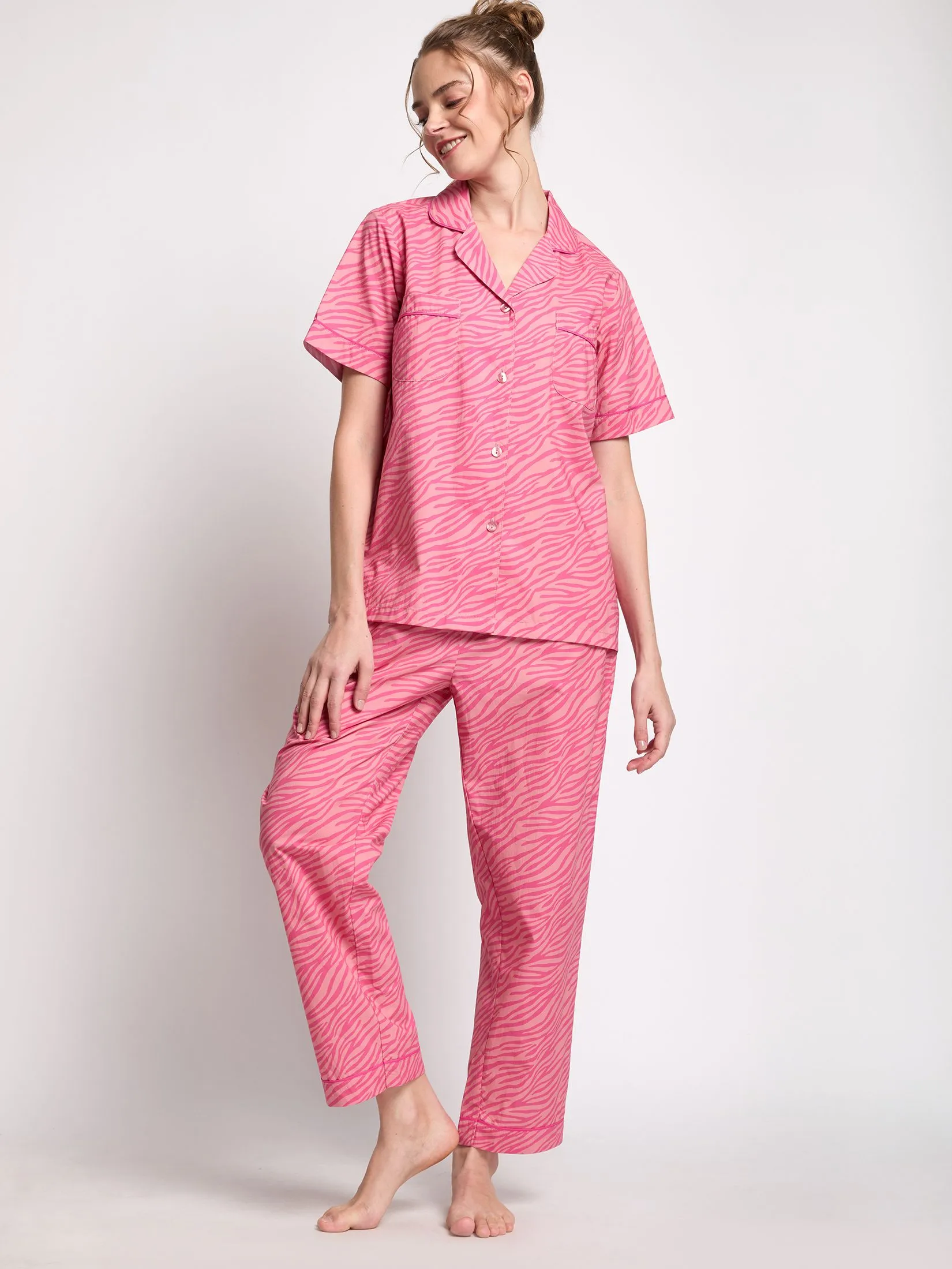 FOF Women Sleepwear Shirt Collar + Pants Linning Pink