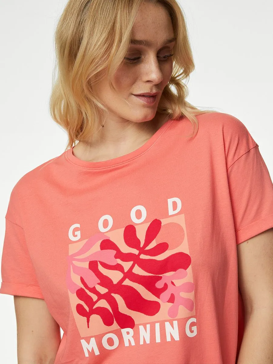 MARKS & SPENCER Women Pyjama Set Pure Cotton Good Morning Printed Coral