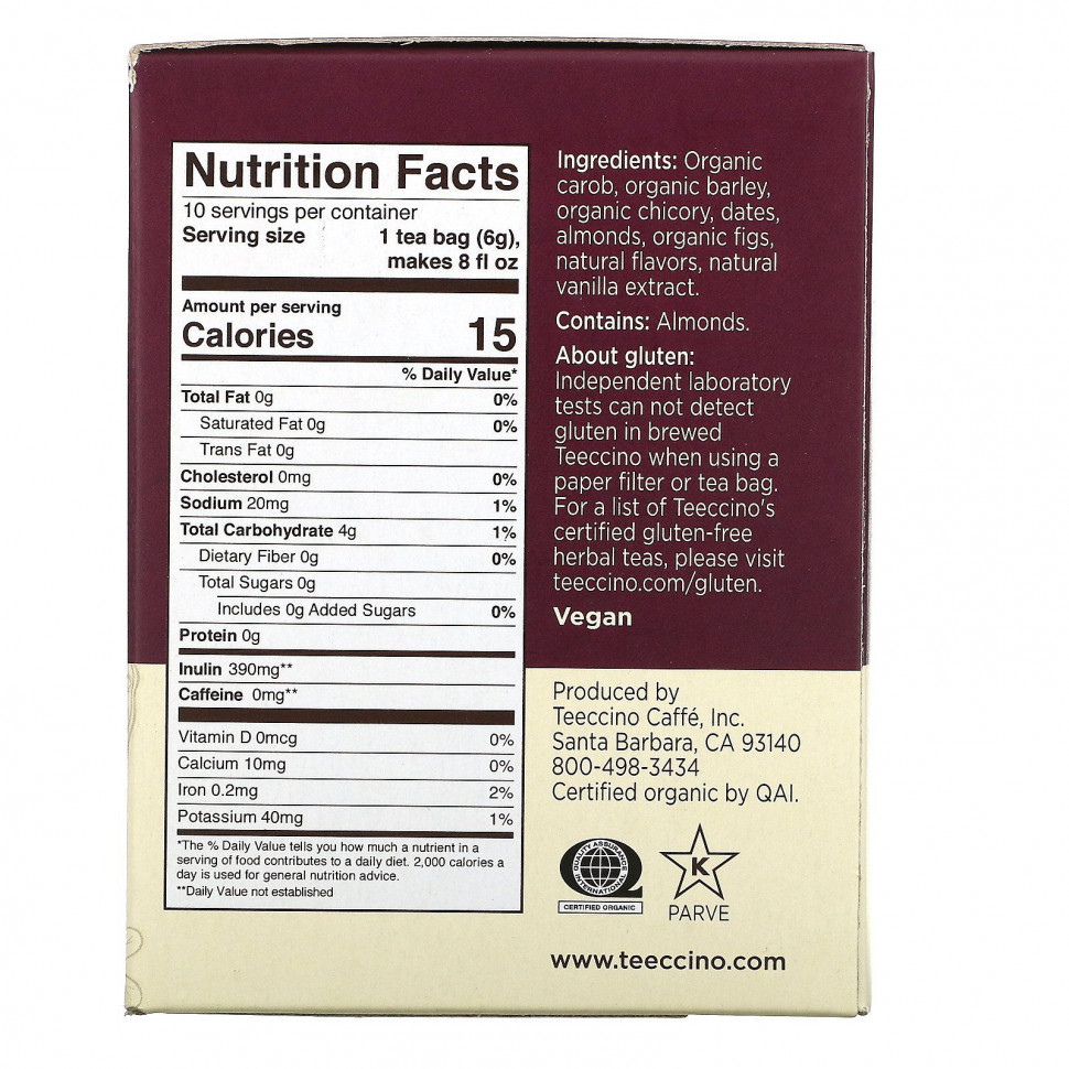 Teeccino, Жареный травяной чай, ванильный орех, без кофеина, 10 чайных пакетиков, 2,12 унции (60 г)