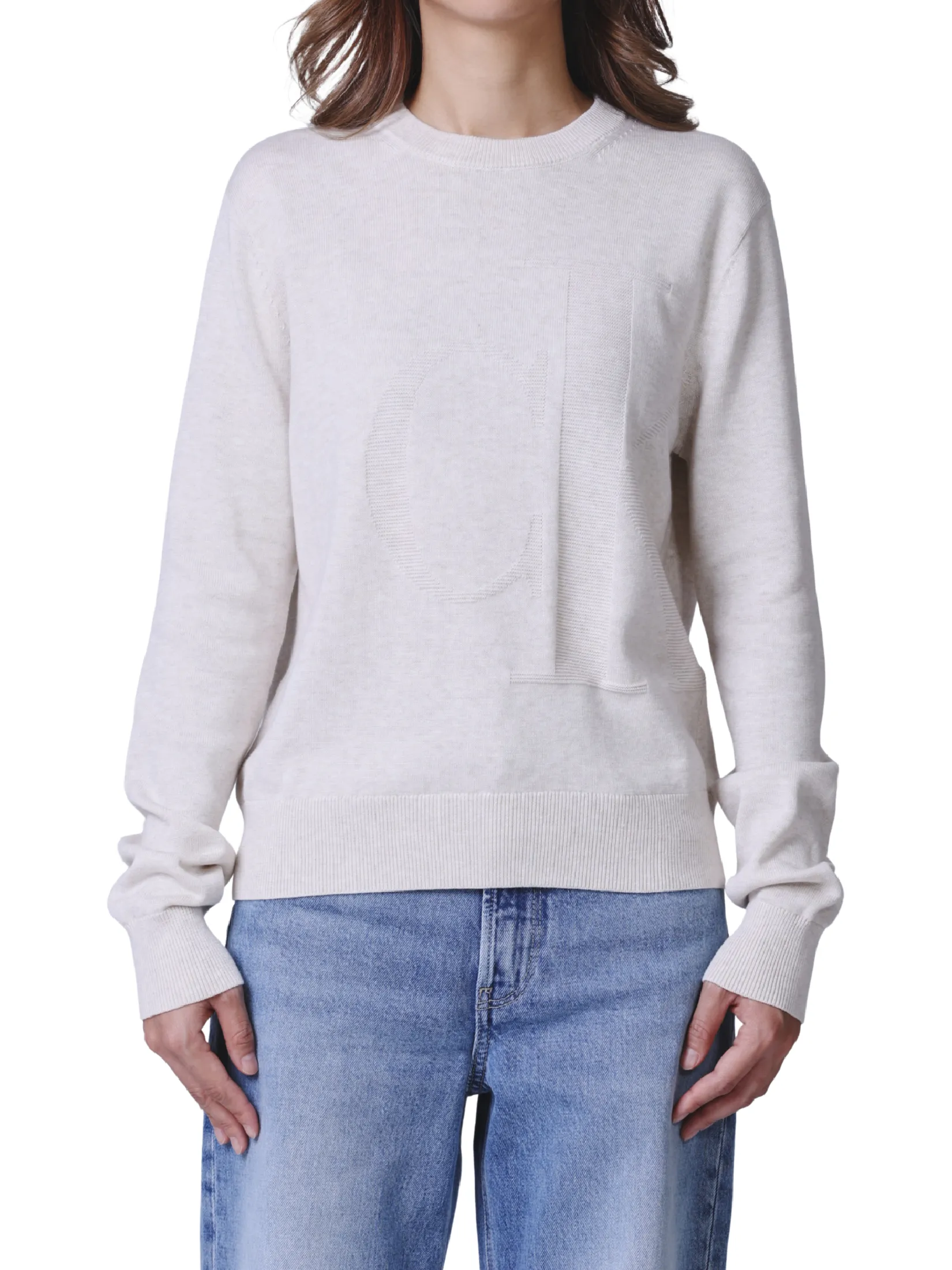 CALVIN KLEIN Women's Smooth Cotton Monogram Logo Sweater Light Grey