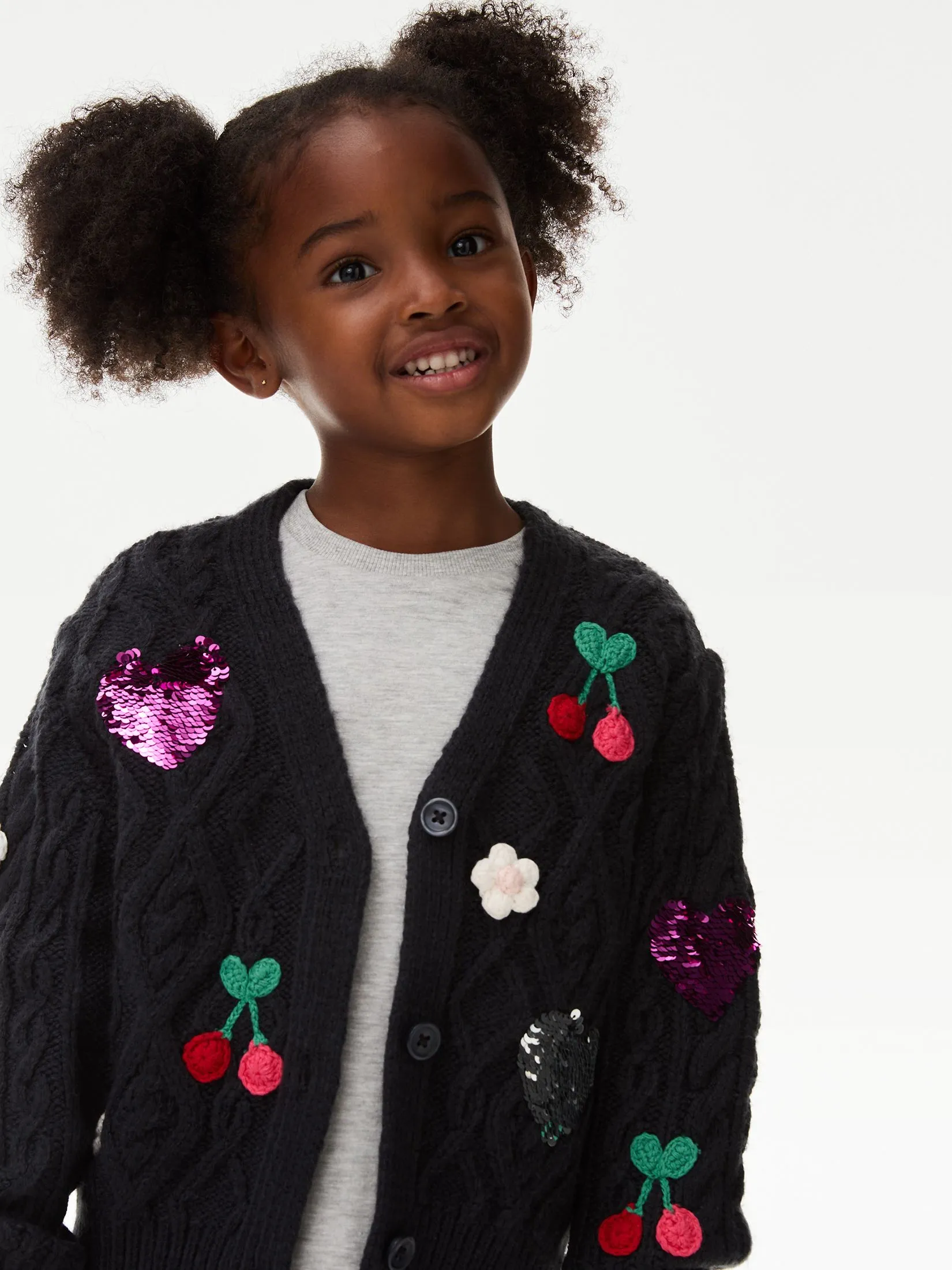 MARKS & SPENCER KIDS Girl Toddler Cardigan Embroidered Sequin Heart Cherry Carbon