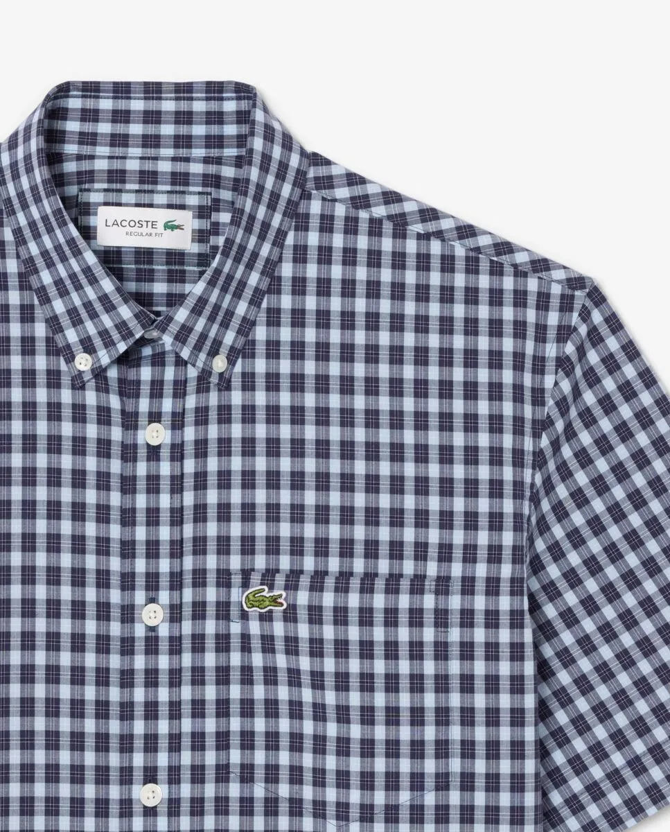 LACOSTE Short Sleeved Buttoned Collar Checked Shirt Blue