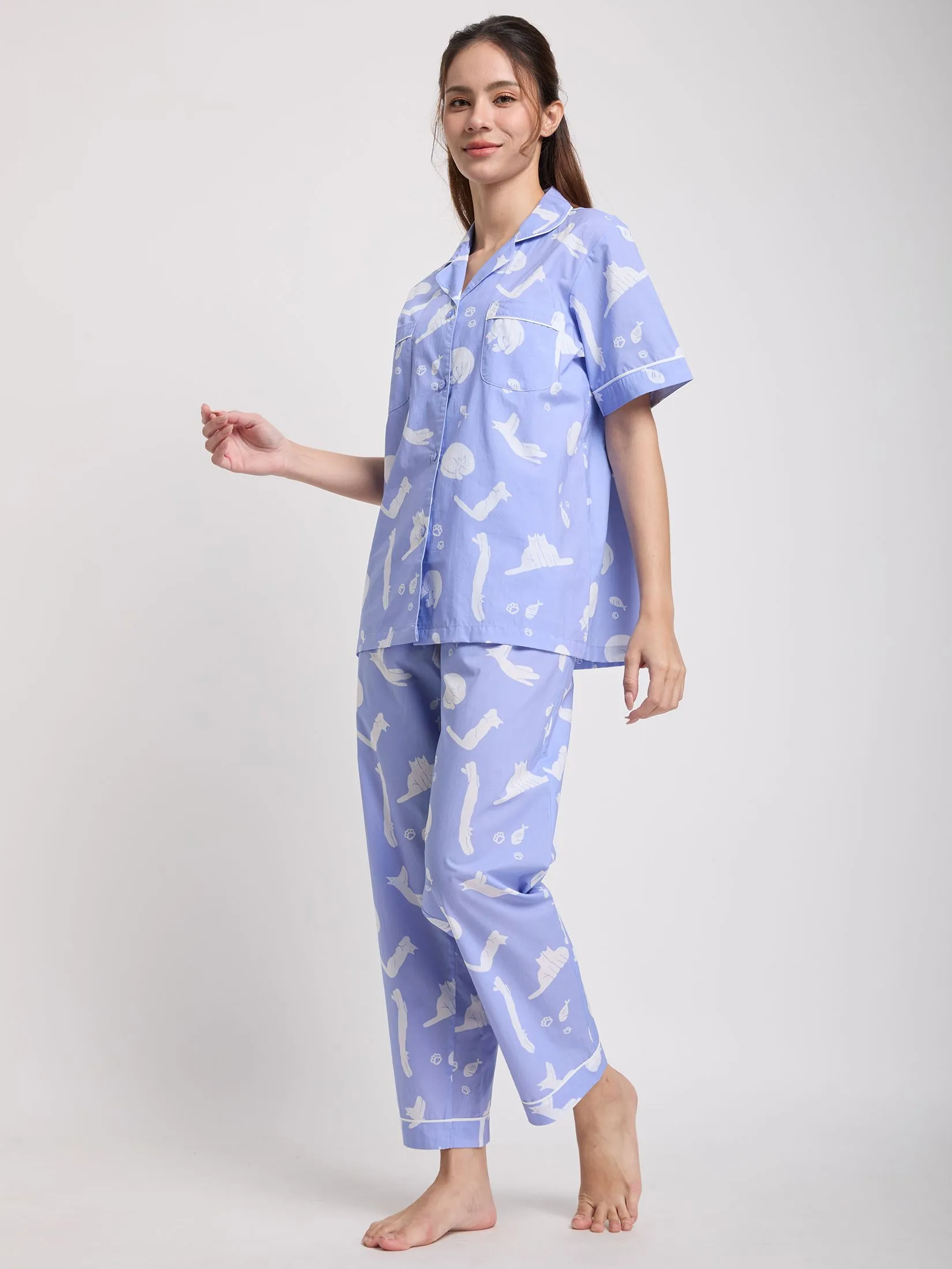 FOF Women Pyjamas Shirt Short Sleeves Collar Neck + Pants Print Purple