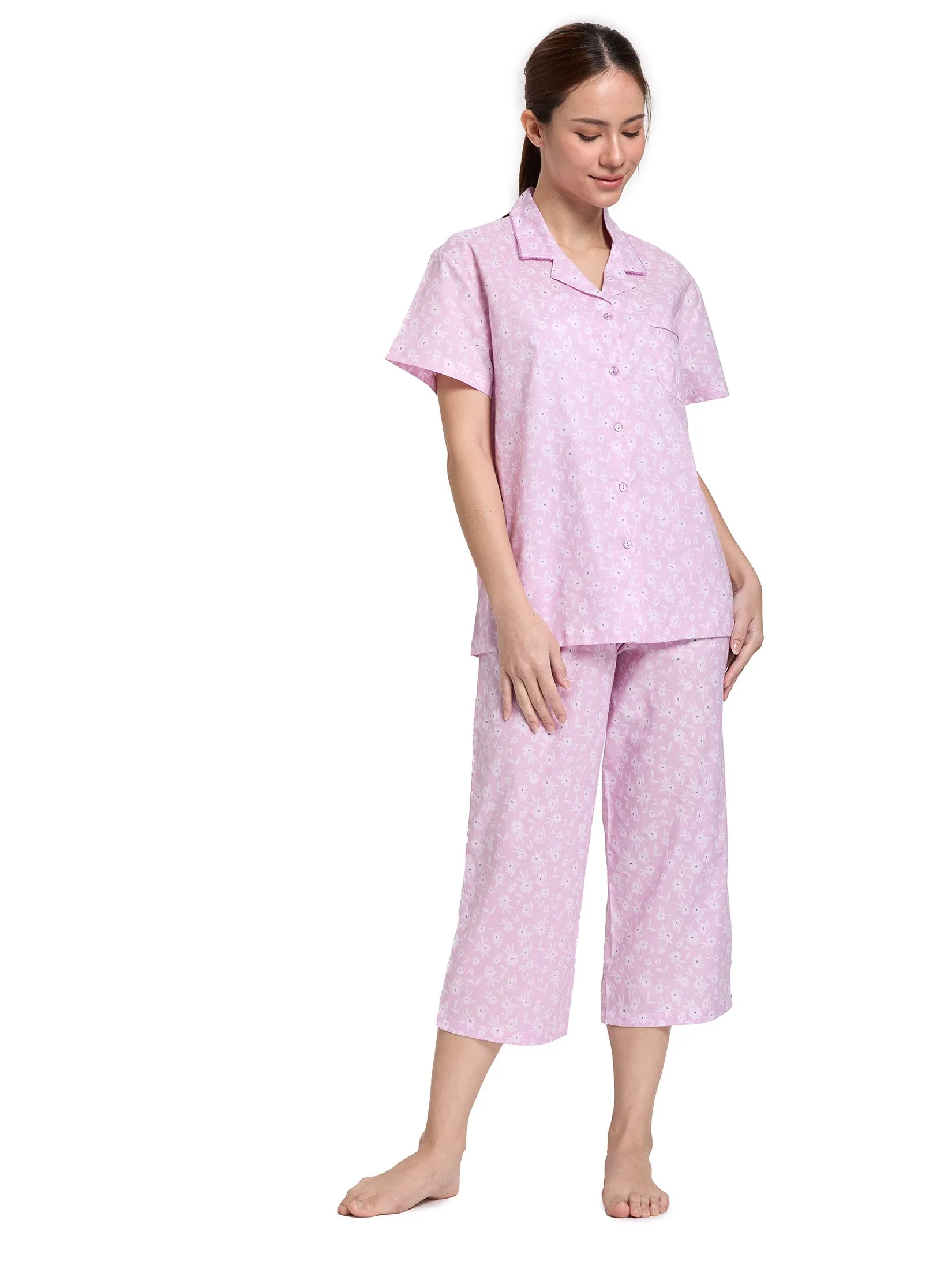 CLAUDIA'S ROMANCE Women Pyjamas Hawaii Shirt Short Sleeves + Cropped Print Floral Print Pink