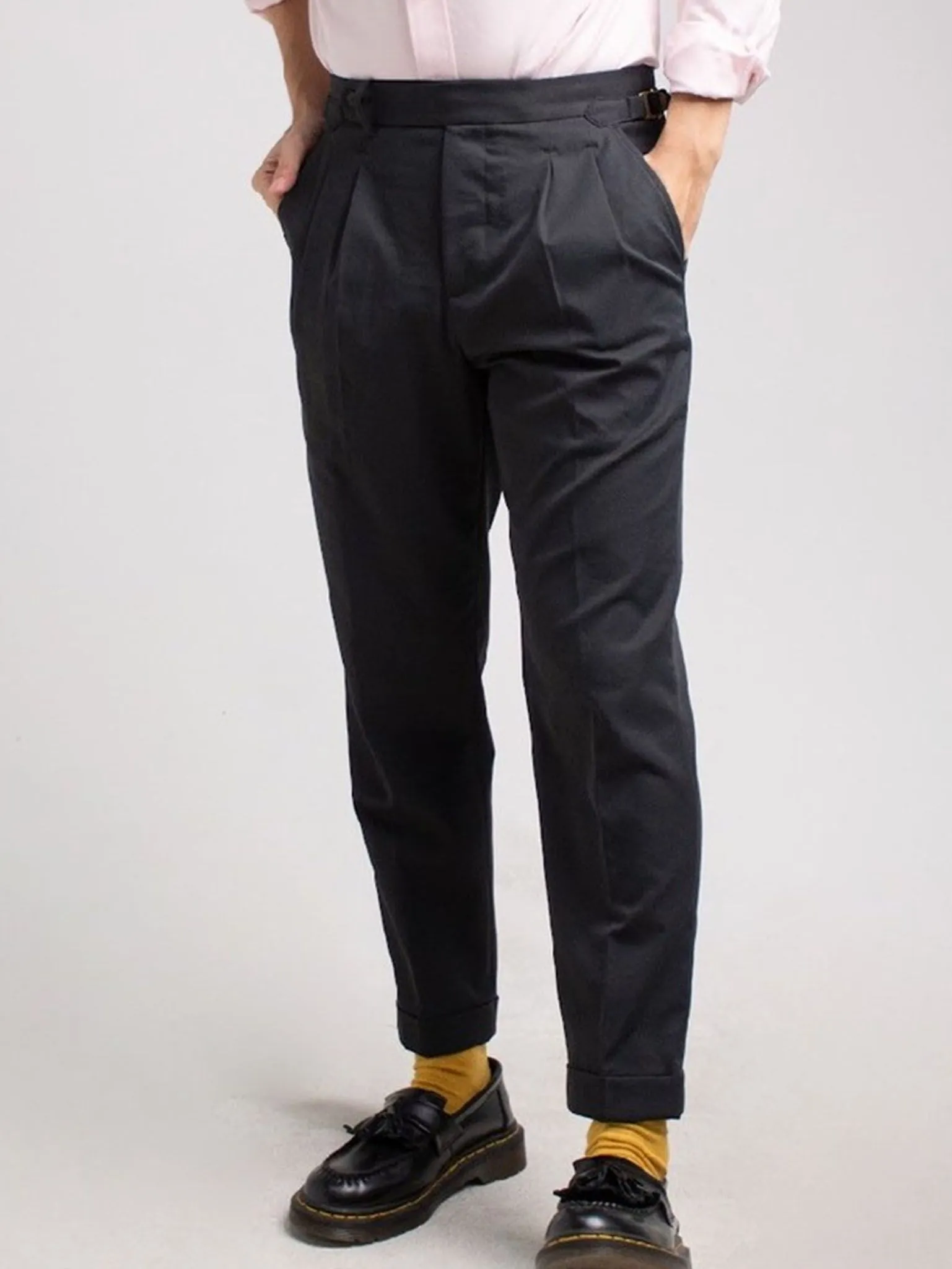 ERA-WON MEN'S PANTS DOUBLE BELTS TROUSERS GOLDEN HOOKS BLACK