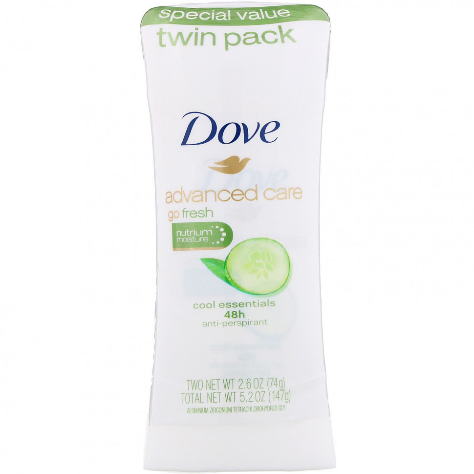 Dove, Advanced Care, дезодорант-антиперспирант, свежесть, набор из 2 шт. по 74 г (2,6 унции)