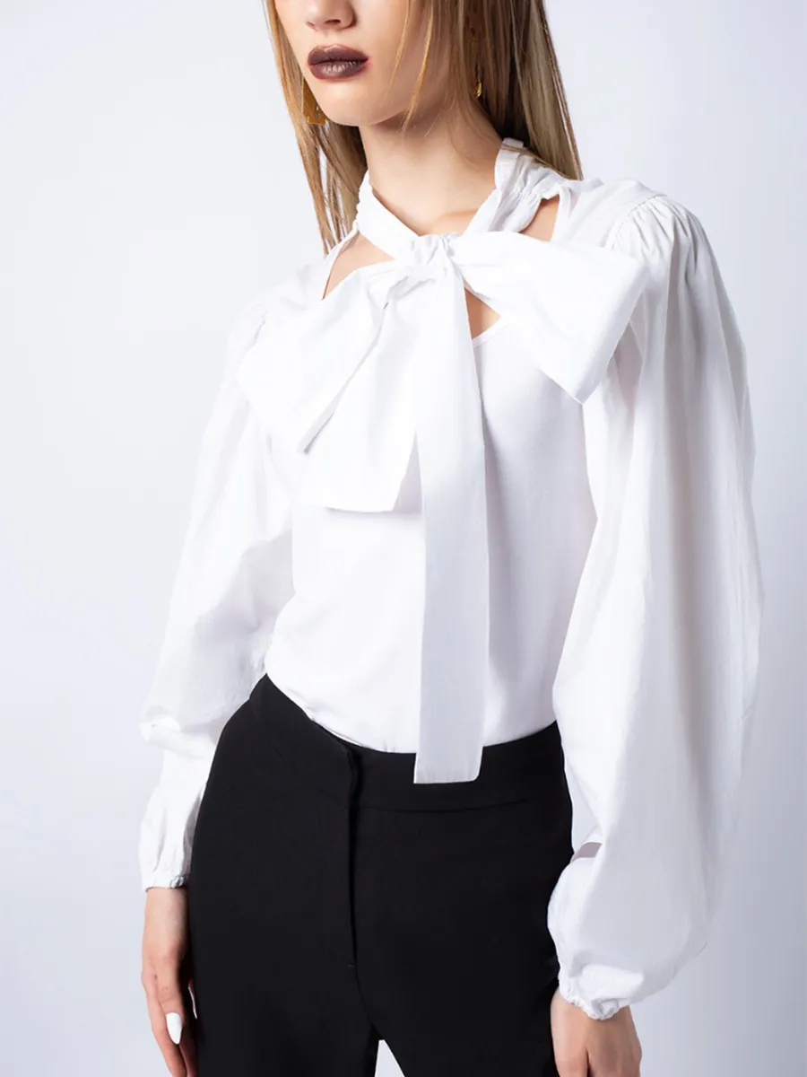 F-FASHION Long Sleeve Blouse with Bow Detail Women White