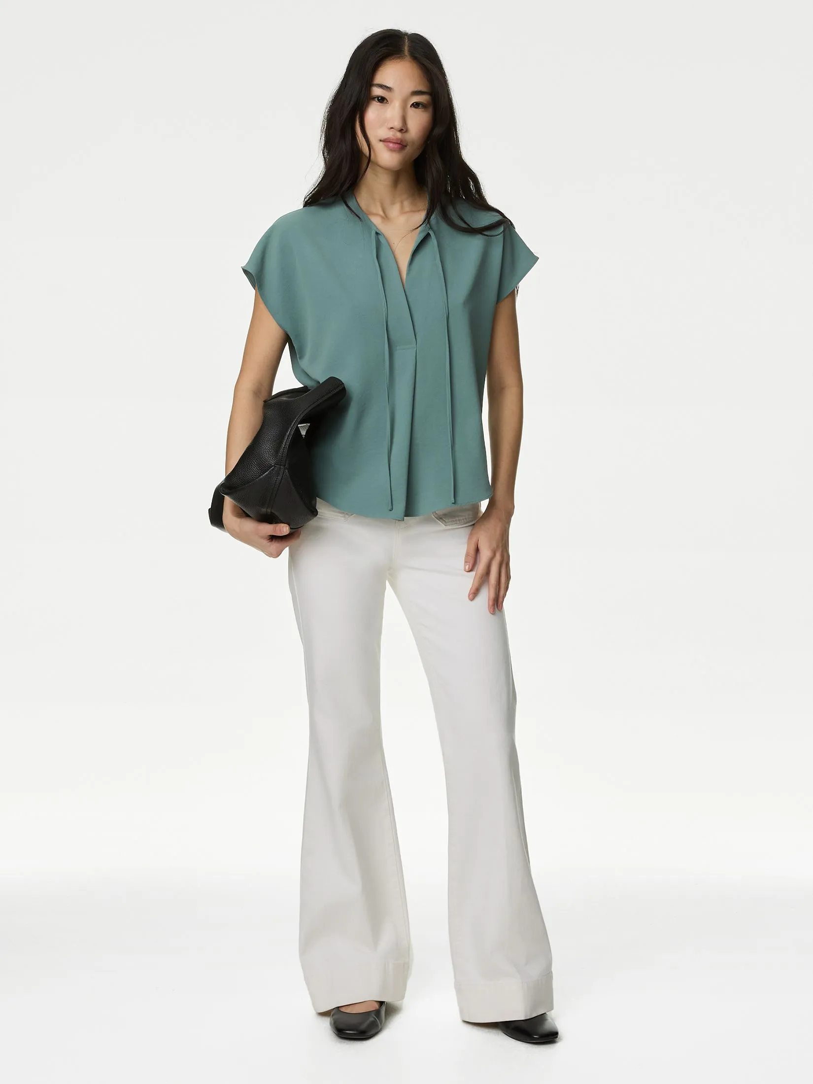 MARKS & SPENCER Women Blouse Tie Neck Popover Dark Sage