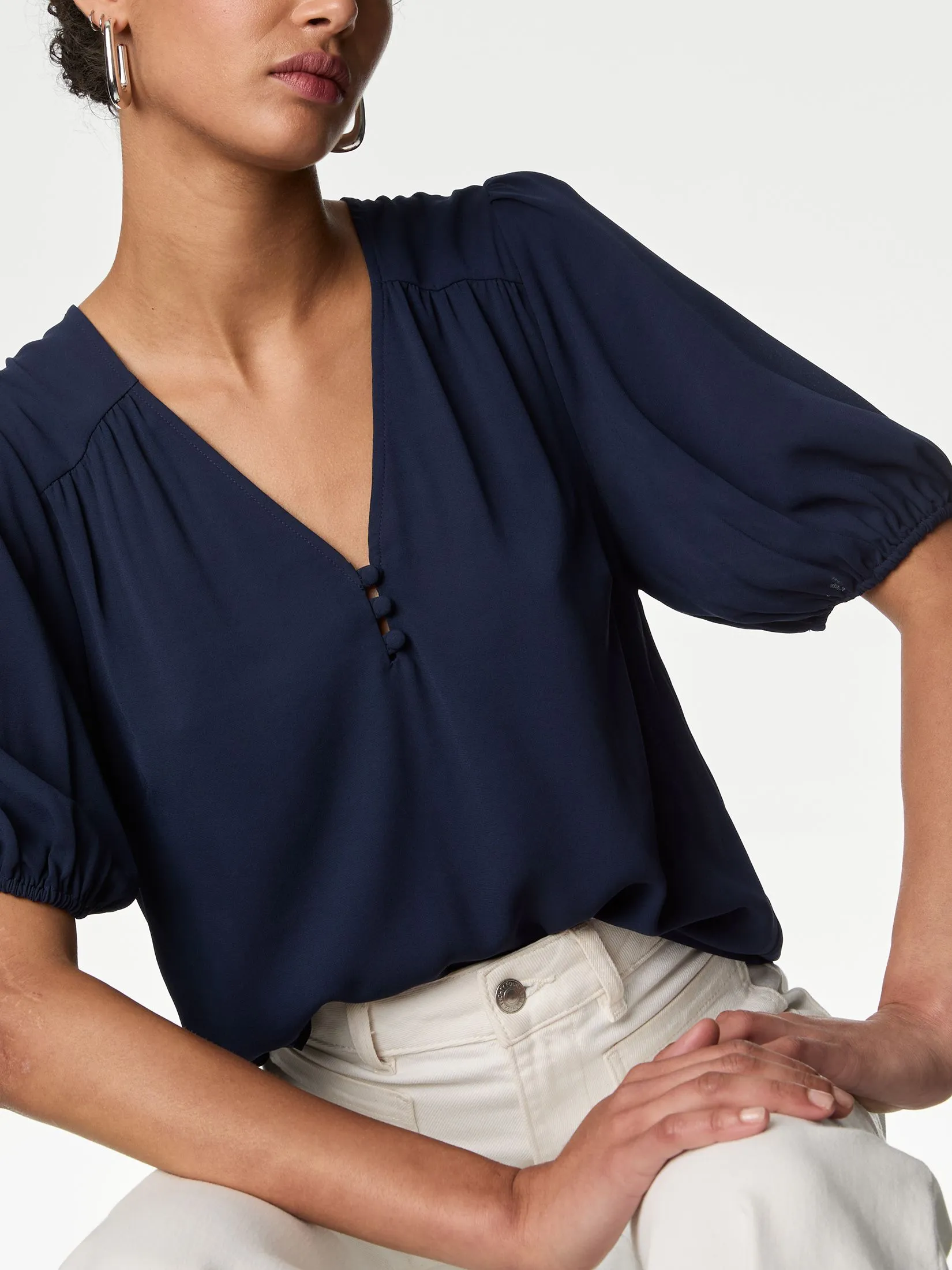 MARKS & SPENCER Women Blouse V-Neck Navy