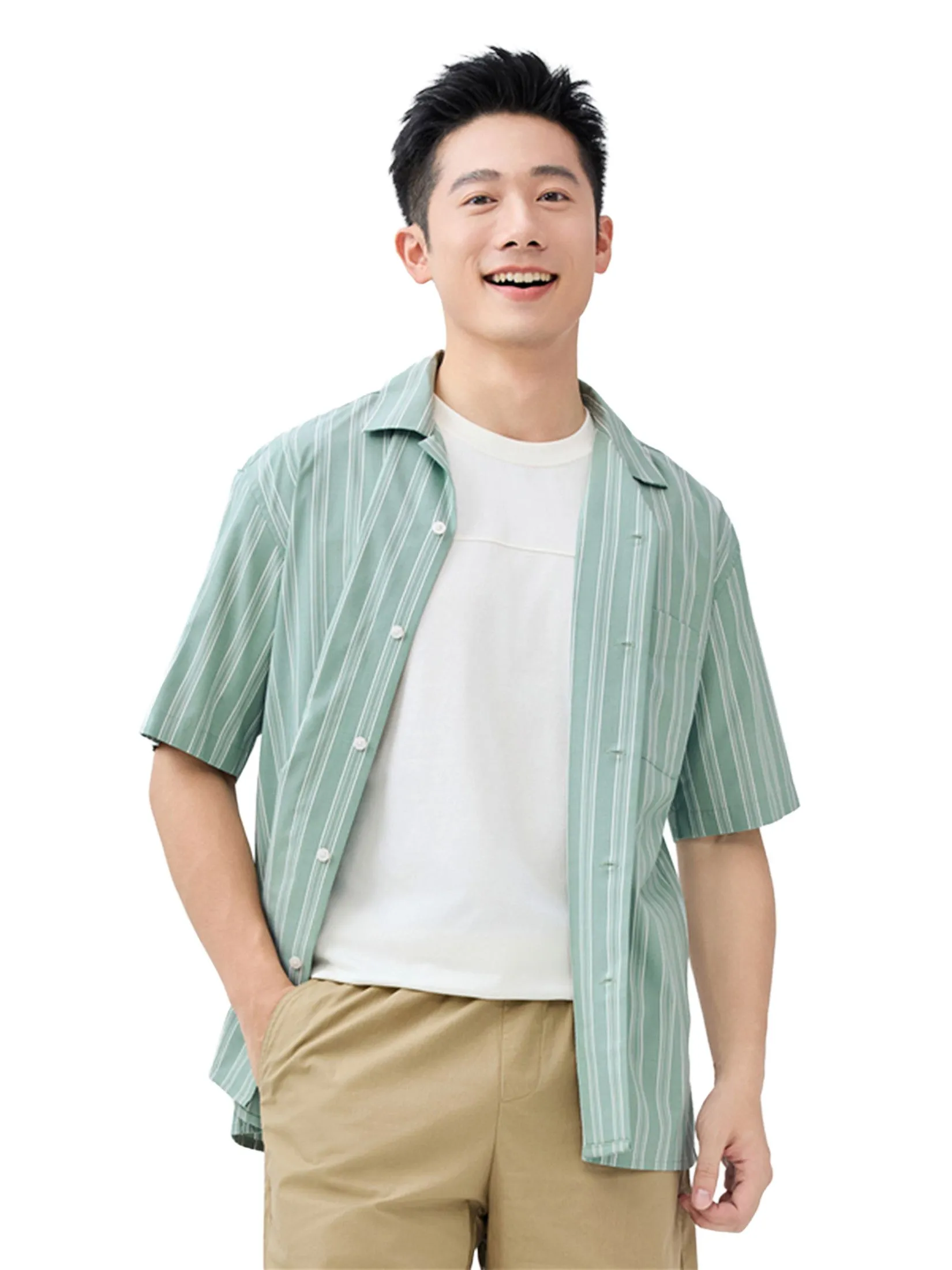 GIORDANO Men's Relaxed Cool Pocket Shirt Green x White