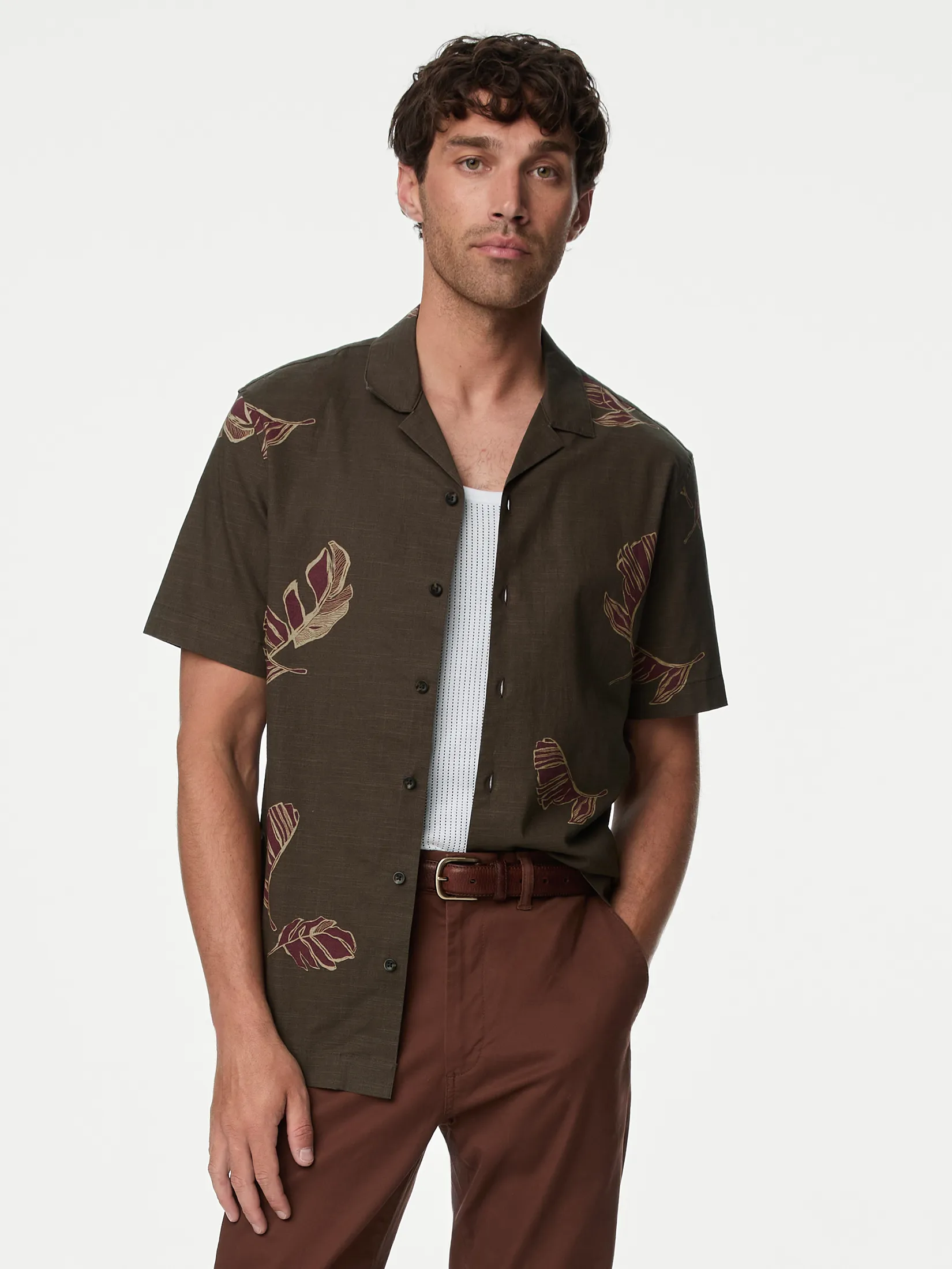 MARKS & SPENCER Men Shirt Short Sleeves Easy Iron Pure Cotton Hawaiian Print N4_Brown Mix