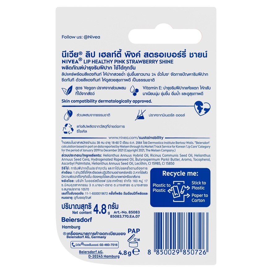 Nivea Lip Healthy Pink Strawberry Shine 4.8 G.