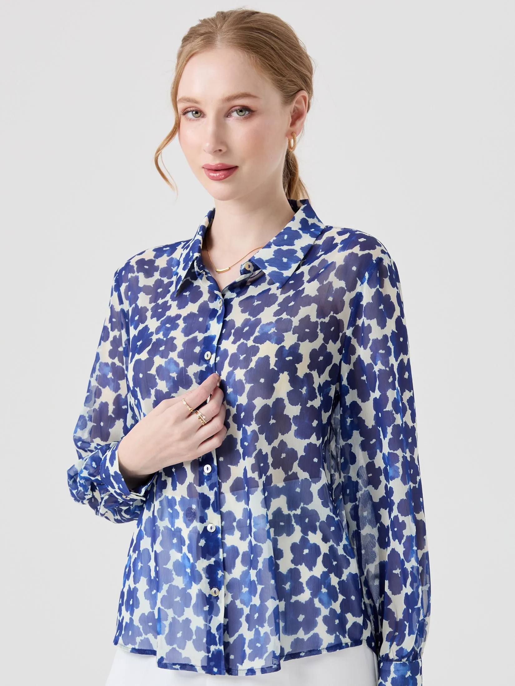 ESPADA Monochrome Floral Print Shirt Woman Blue