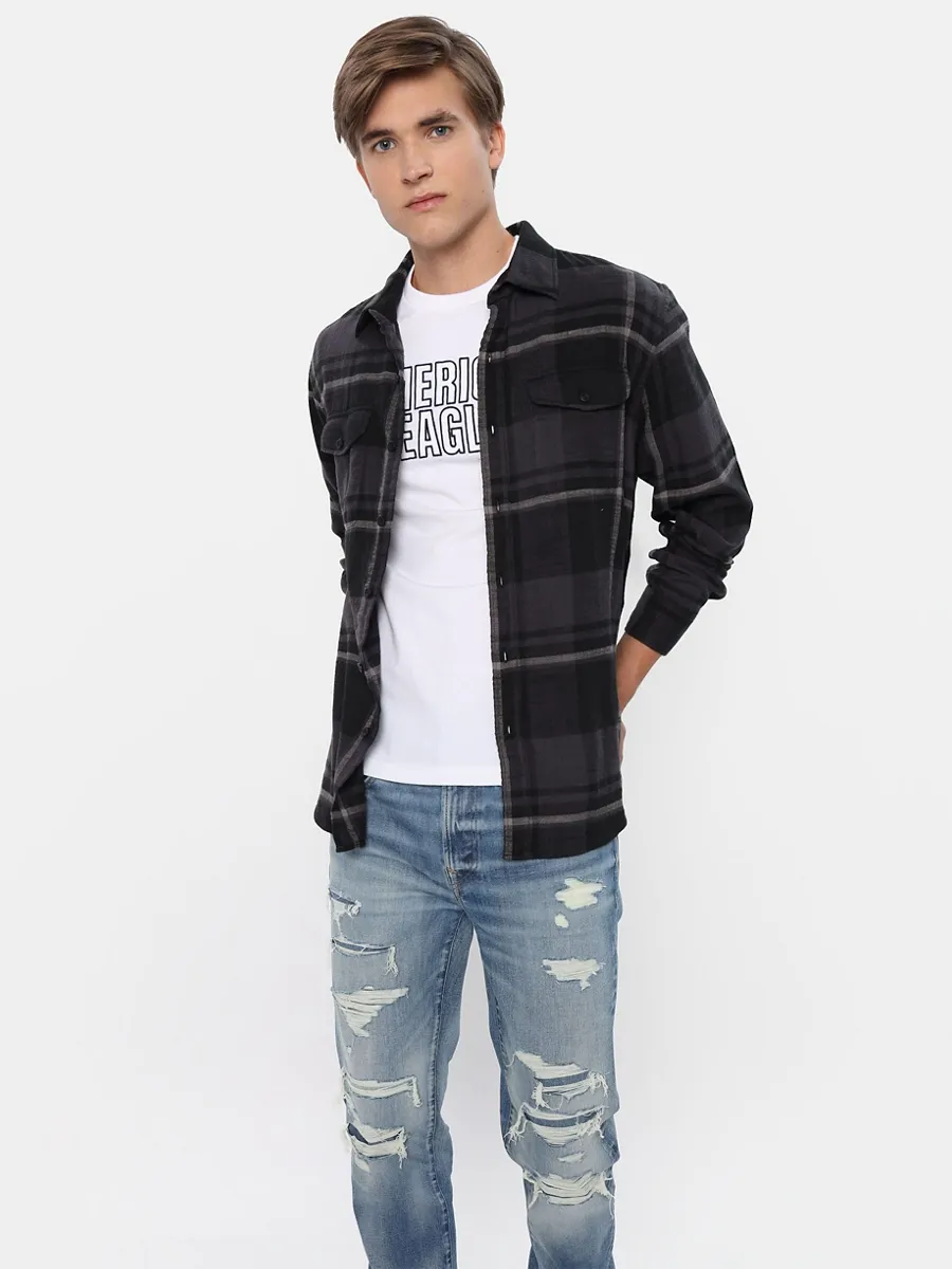 AMERICAN EAGLE MEN  CF AVERY PLAID SALVADOR TWILL FLANNEL 044 DARK GRAPHITE Size - S