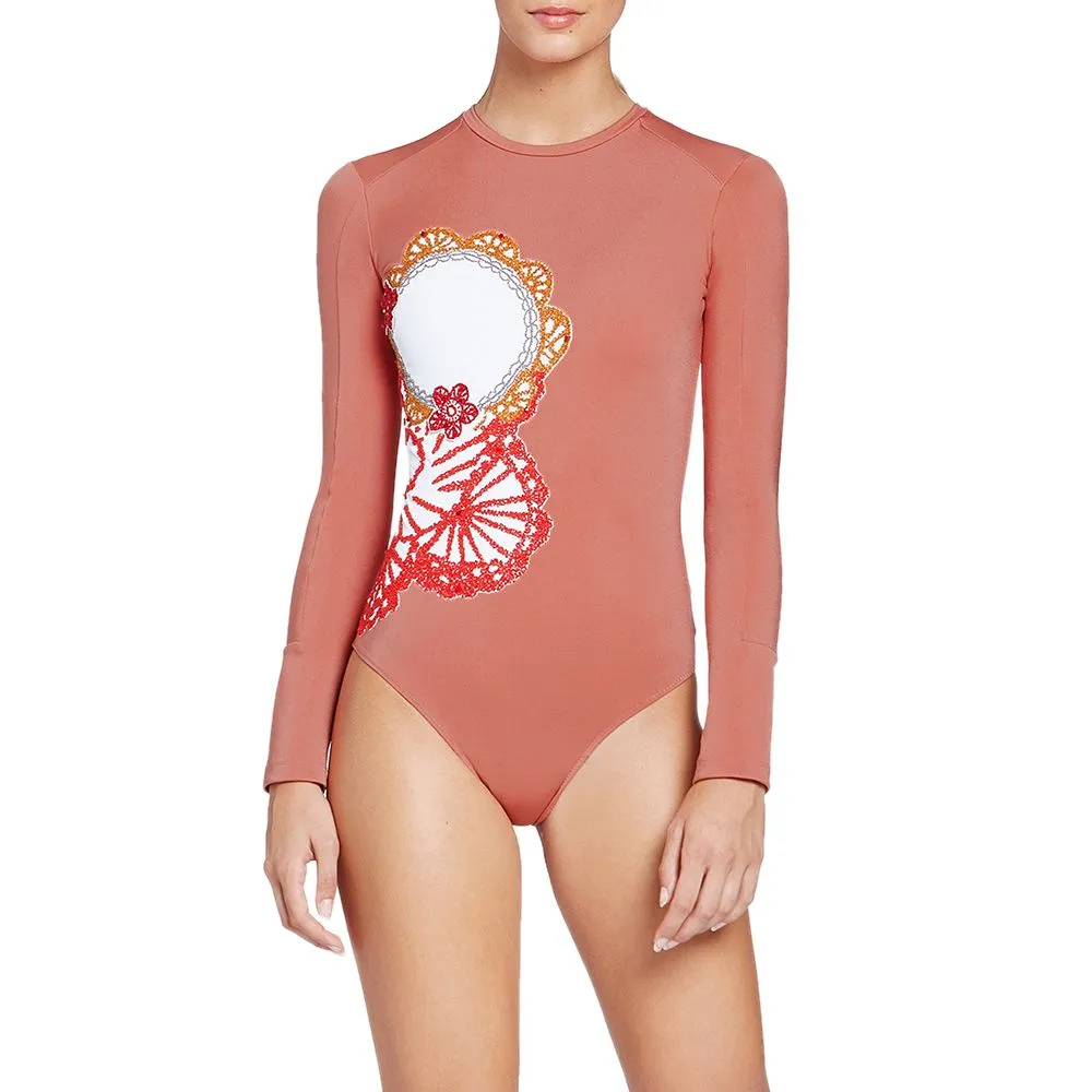 ANGELYS BALEK Peach Collage Long Sleeve Women Swimsuit Size - S