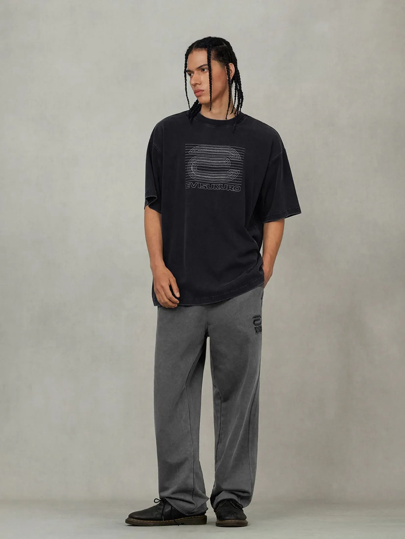 EVISU Men Sweatpants EVISUKURO E Embroidery Distressed Loose Fit Black