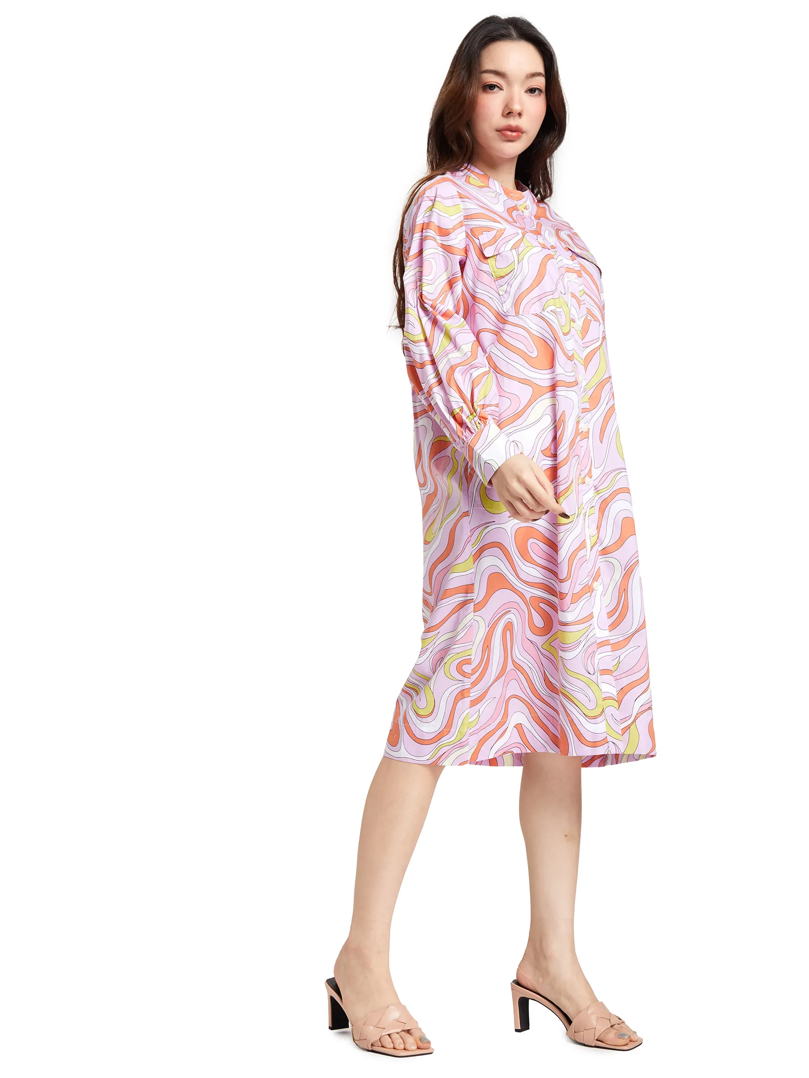 ALUMNUS Women Dress Long Sleeves Collar Two Pockets on Chest Print Pink