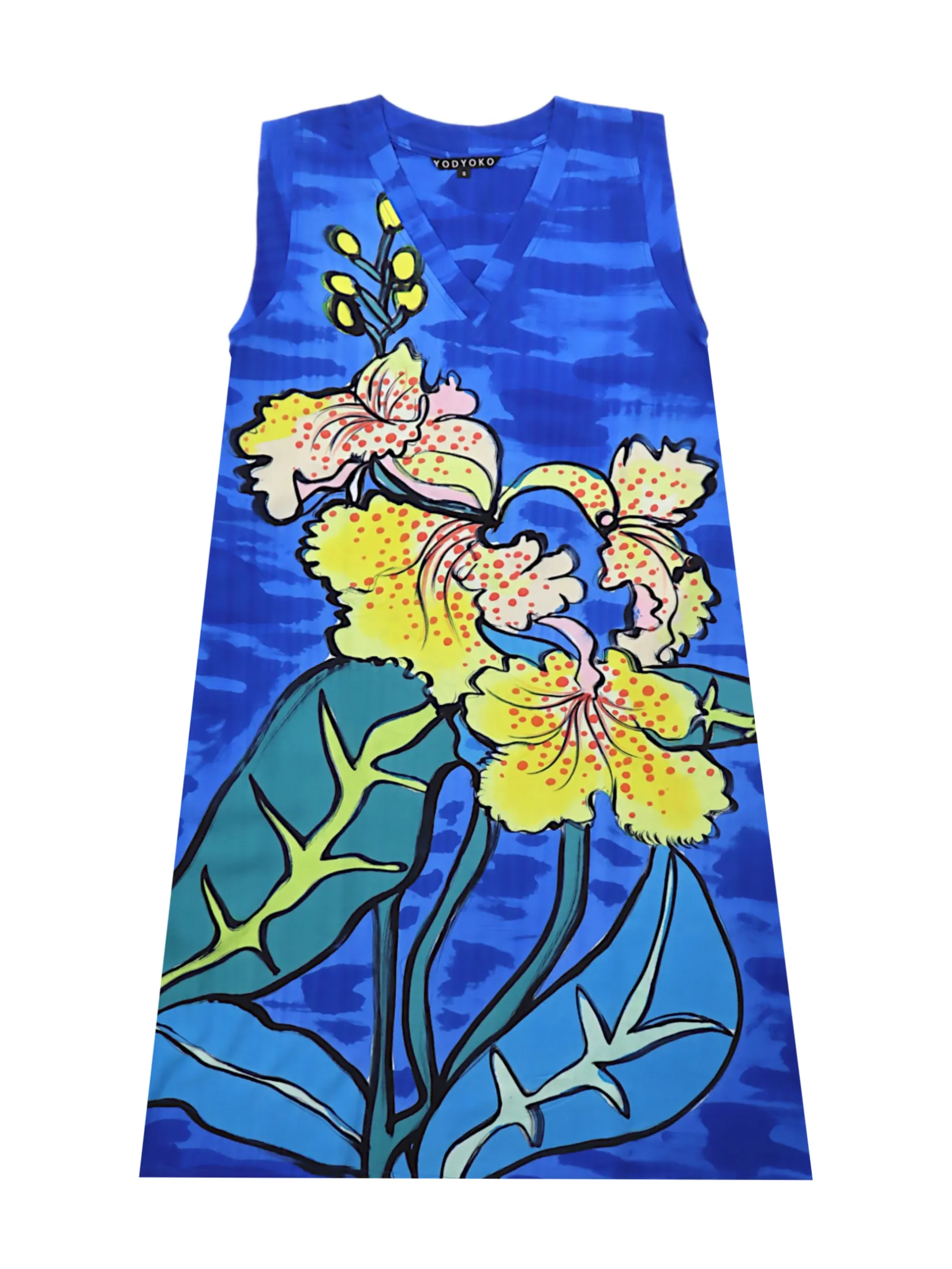 YODYOKO Woman Sleeveless Dress - Blue : Orchids Blooming in Sapphire Mist Size - L