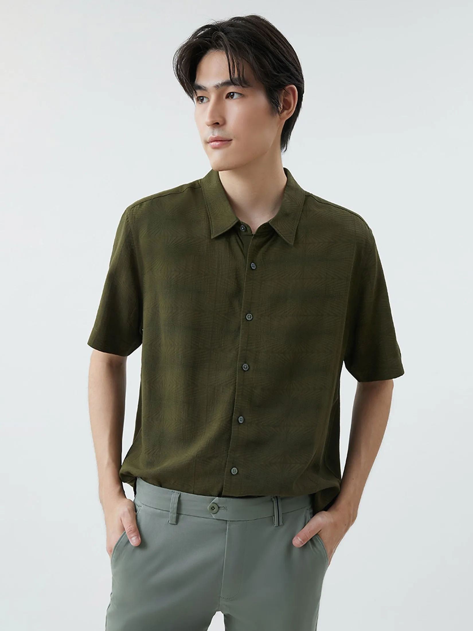 DAPPER DAPPER Textured Jacquard Shirt Olive Green