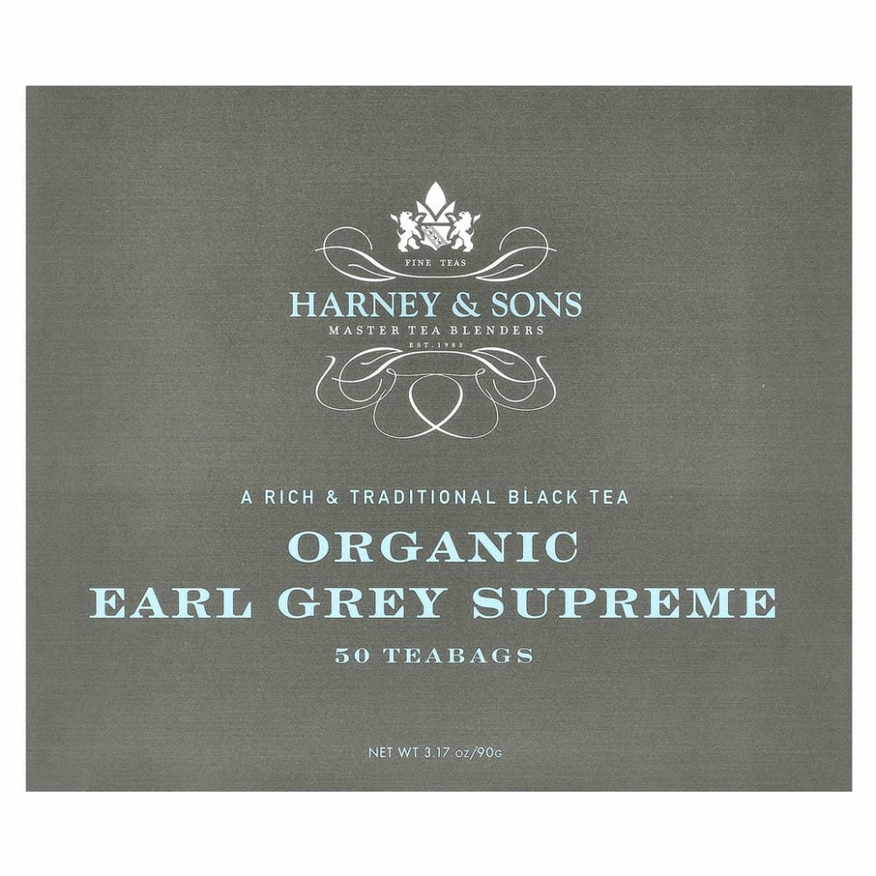 Harney & Sons, A Rich & Traditional Black Tea, Органический Earl Grey Supreme, 50 чайных пакетиков, 3,17 унции (90 г)