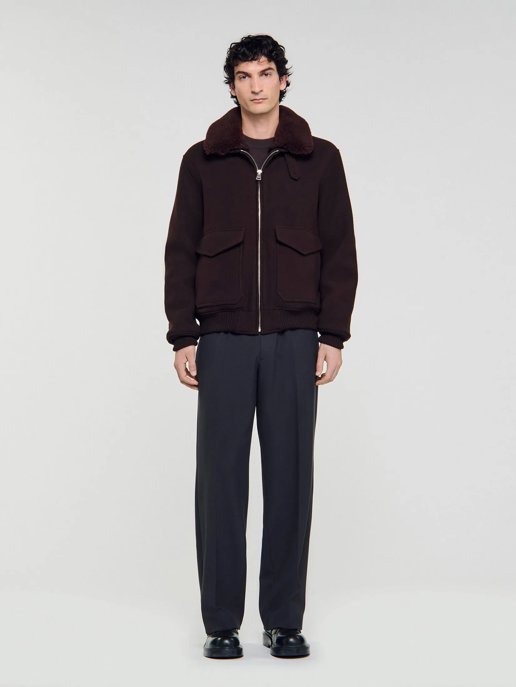 SANDRO Wool Aviator Jacket With Shearling