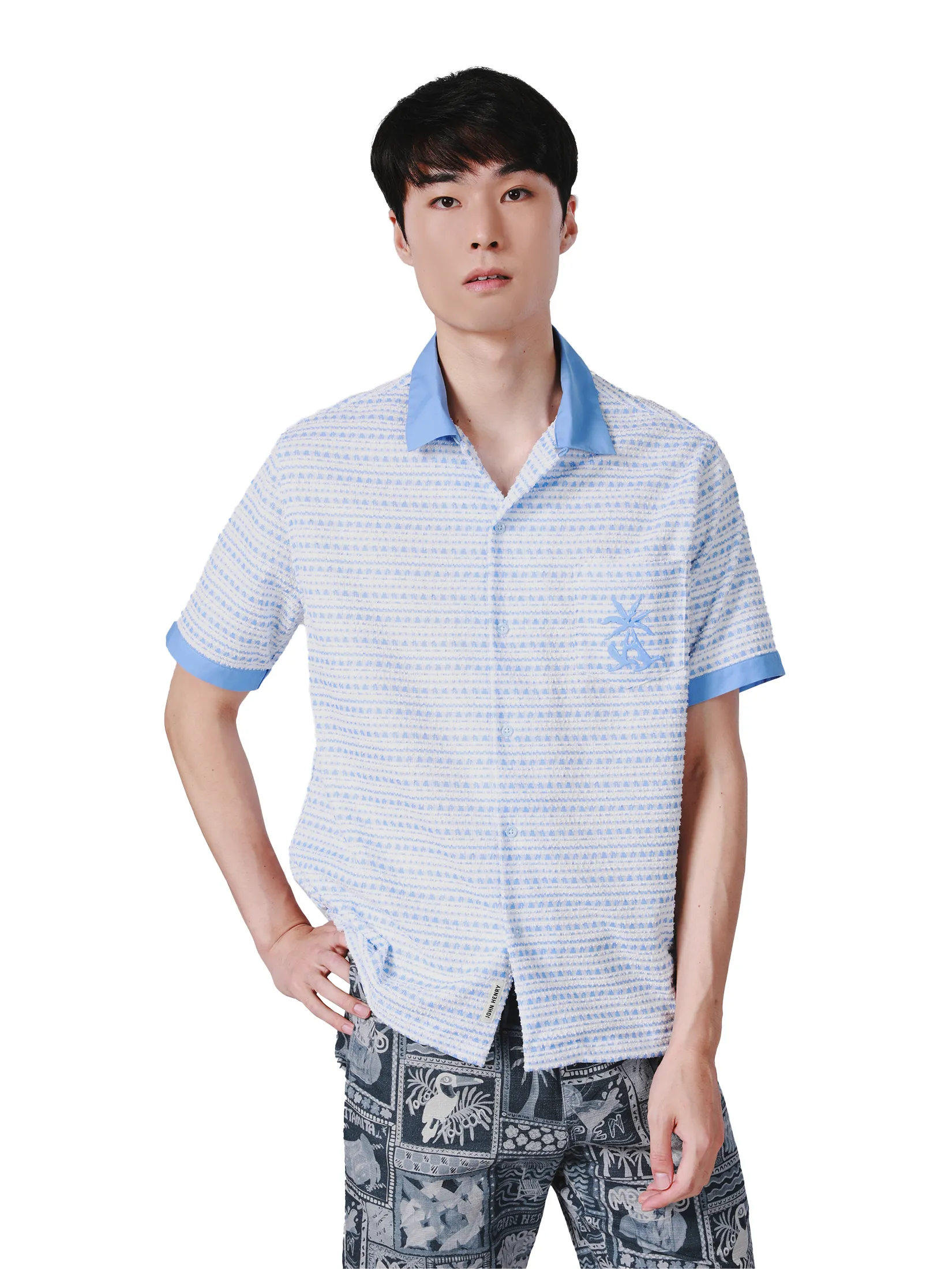 JOHN HENRY Men s Short Sleeves Hawaii Shirts (Relaxed Fit) SONGKRAN FESTIVAL Blue