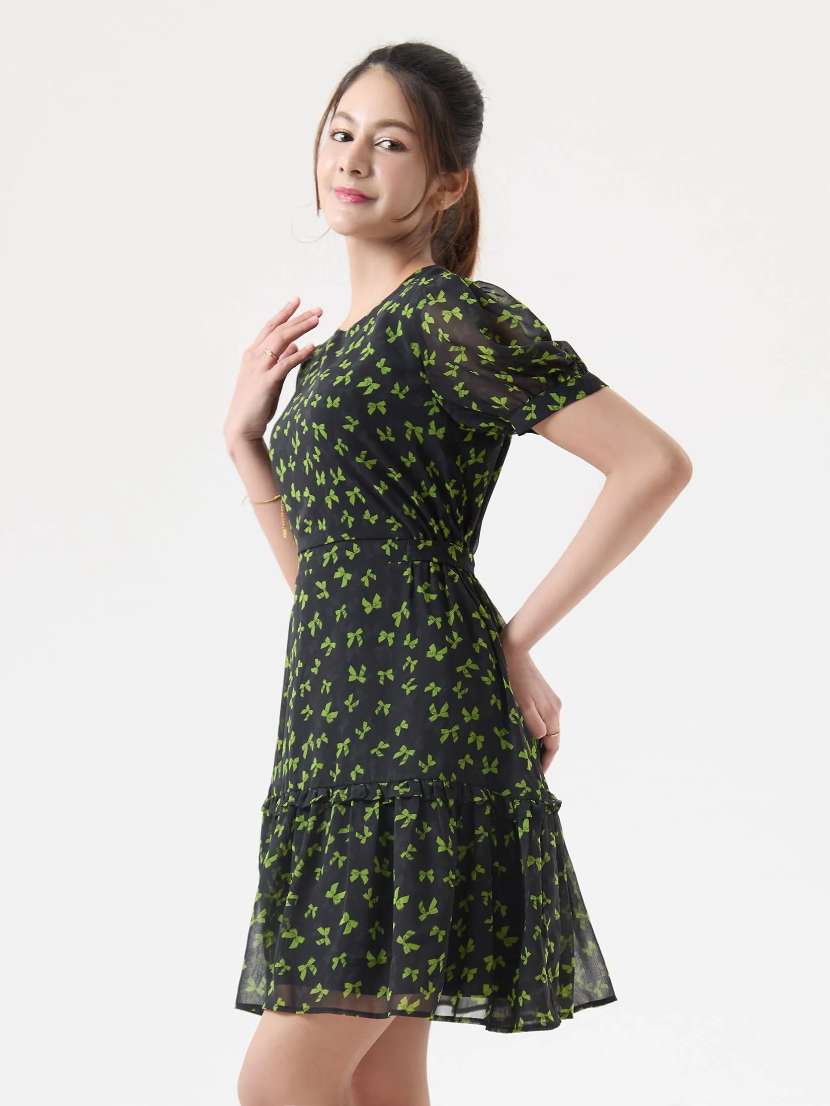 EP Green Bow Print Dress Woman Black