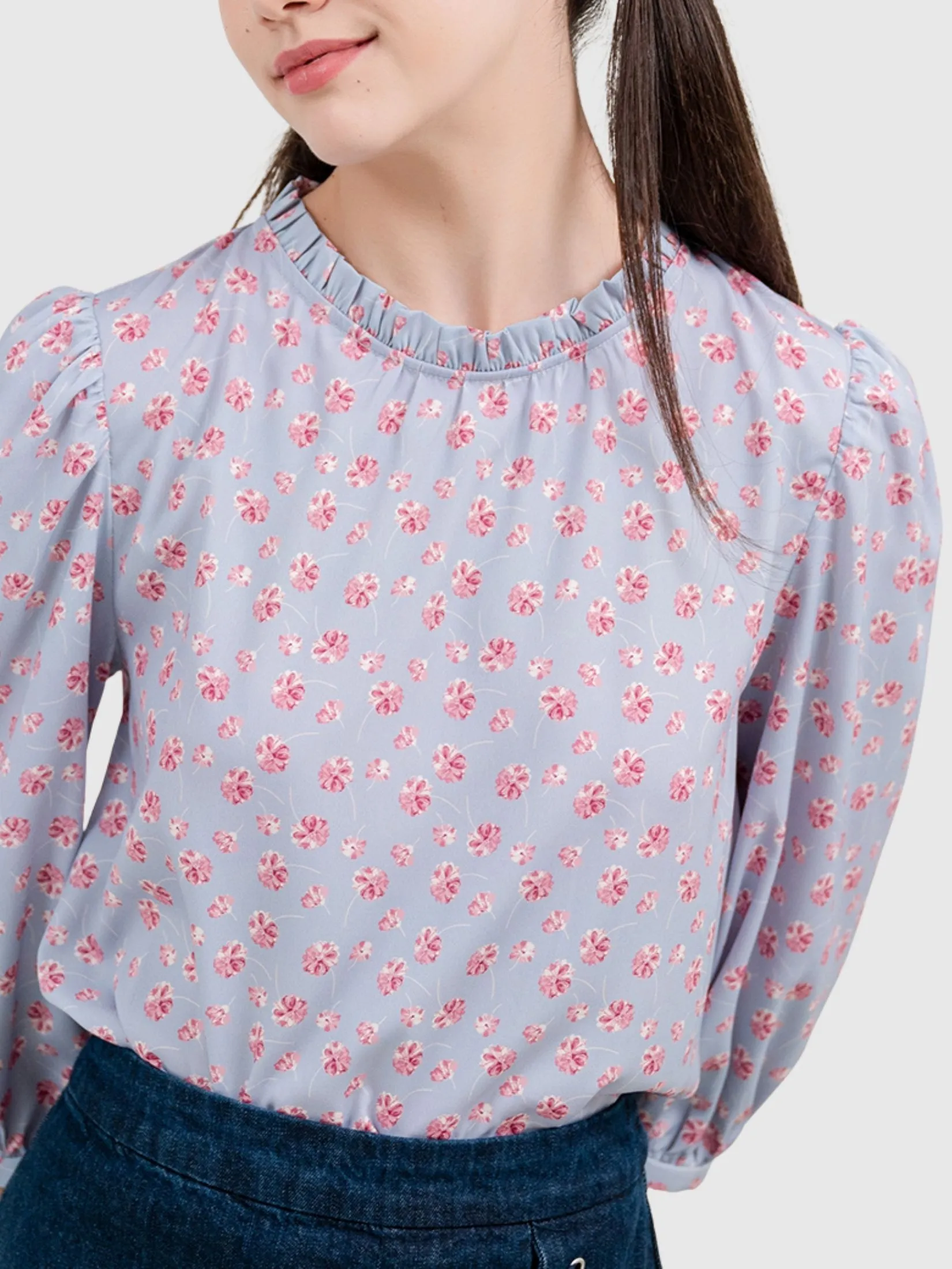 AMILA Women Blouse Long Sleeves Peach Skin Light Grey