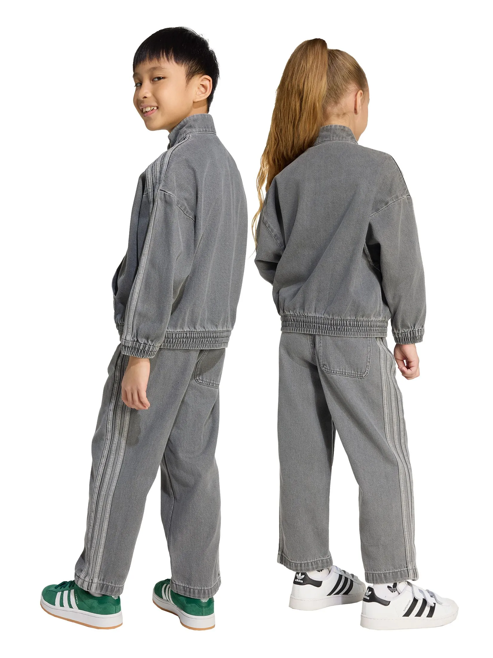 ADIDAS KIDS Unisex Toddler Denim Crew Jacket + Pants Set Grey Beige